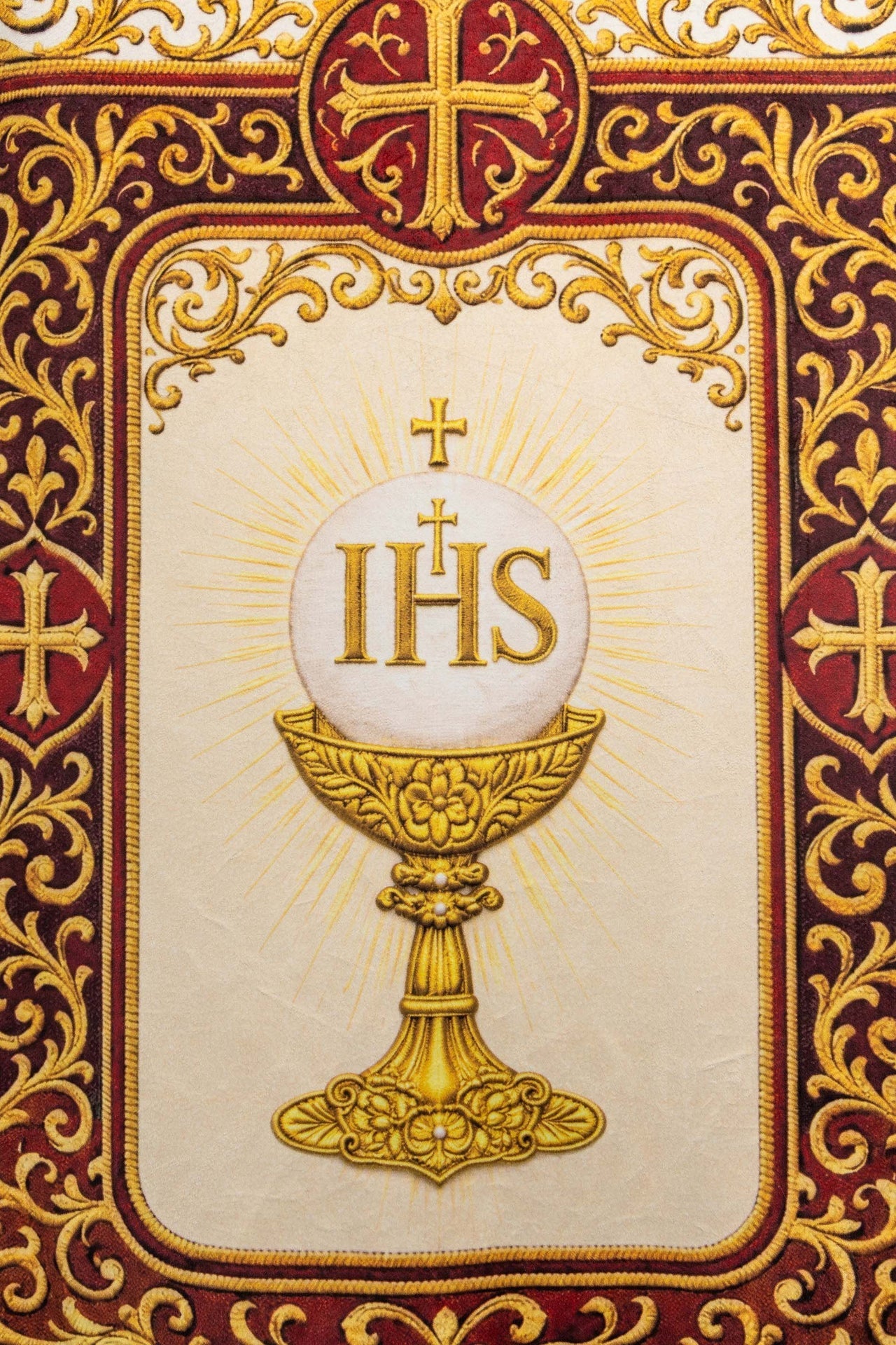Chorągiew drukowana dwustronna z symbolem Najświętszego Serca Pana Jezusa i kielichem IHS - SZATYLITURGICZNE.PL