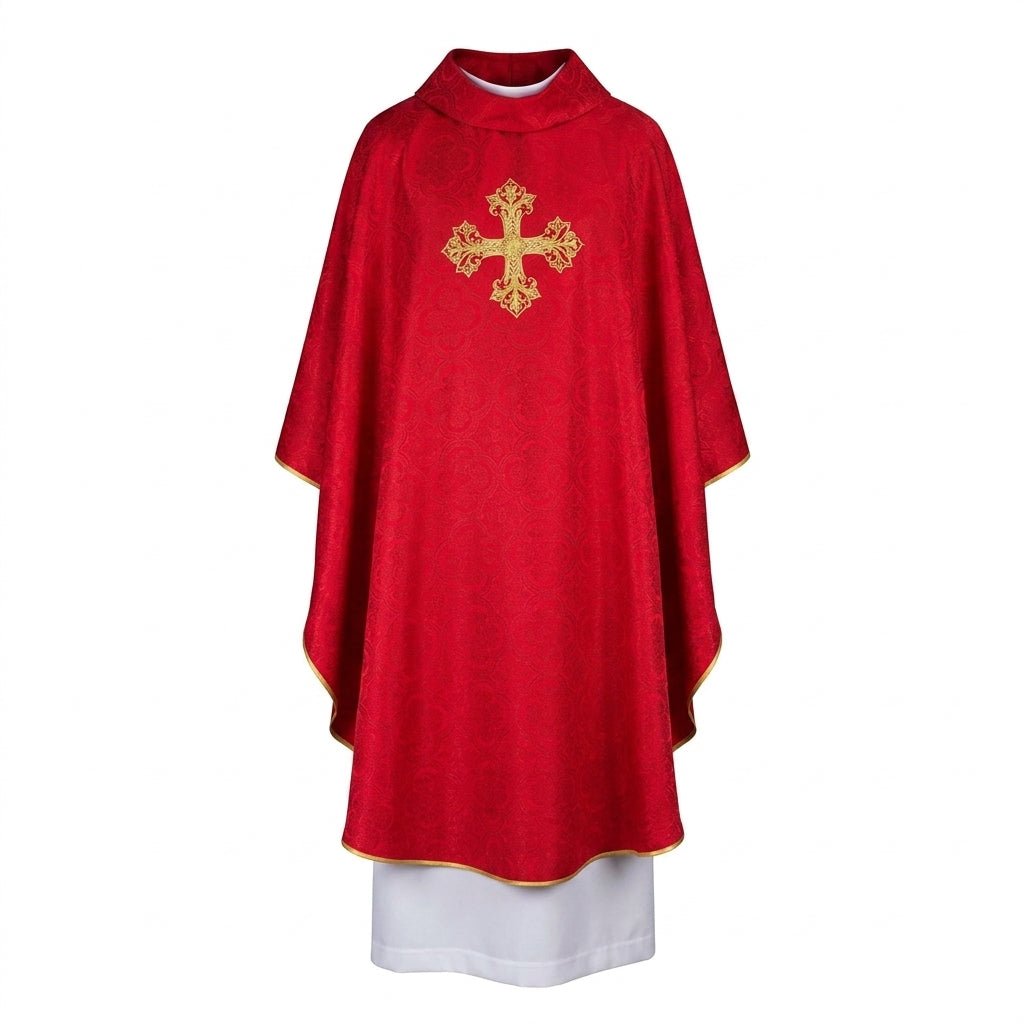 Czerwony ornat z krzyżem tkanina żakardowa - SZATYLITURGICZNE.PL