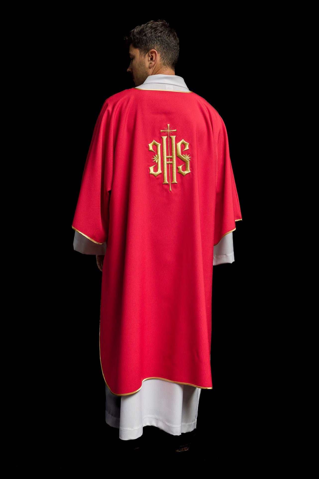 Dalmatyka Liturgiczna Czerwona z Haftem IHS - Złota Lamówka - SZATYLITURGICZNE.PL