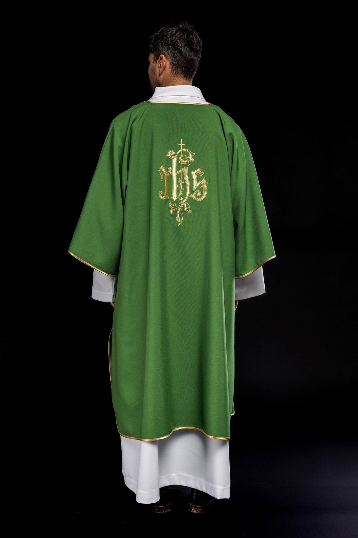Dalmatyka Liturgiczna Zielona Haft IHS - Komplet ze Stułą - SZATYLITURGICZNE.PL