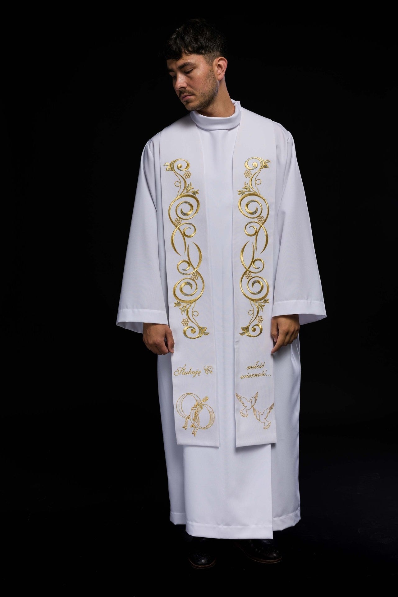 Długa Stuła Ślubna Haftowana z Napisem - Biała Liturgiczna - SZATYLITURGICZNE.PL