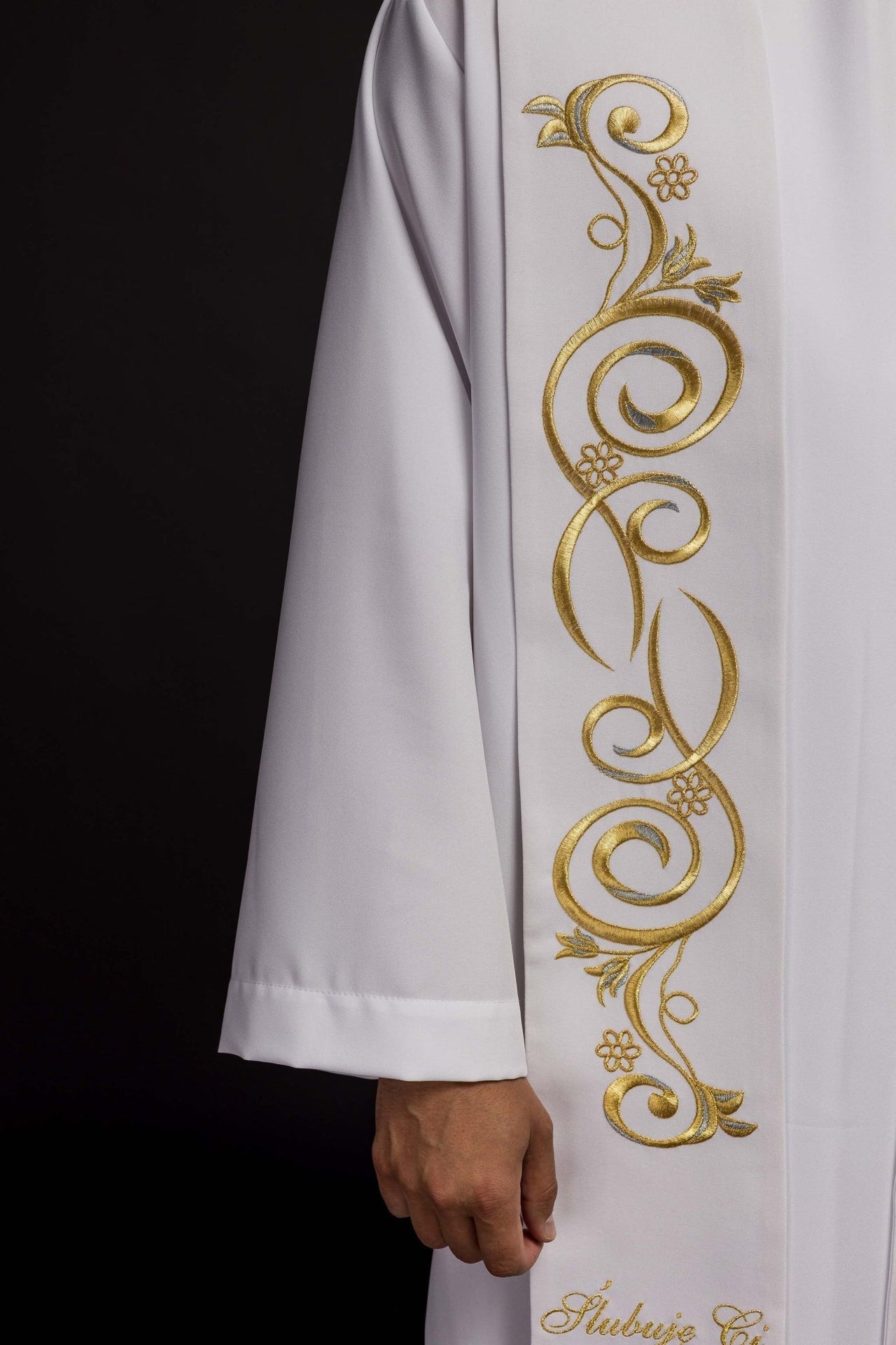 Długa Stuła Ślubna Haftowana z Napisem - Biała Liturgiczna - SZATYLITURGICZNE.PL