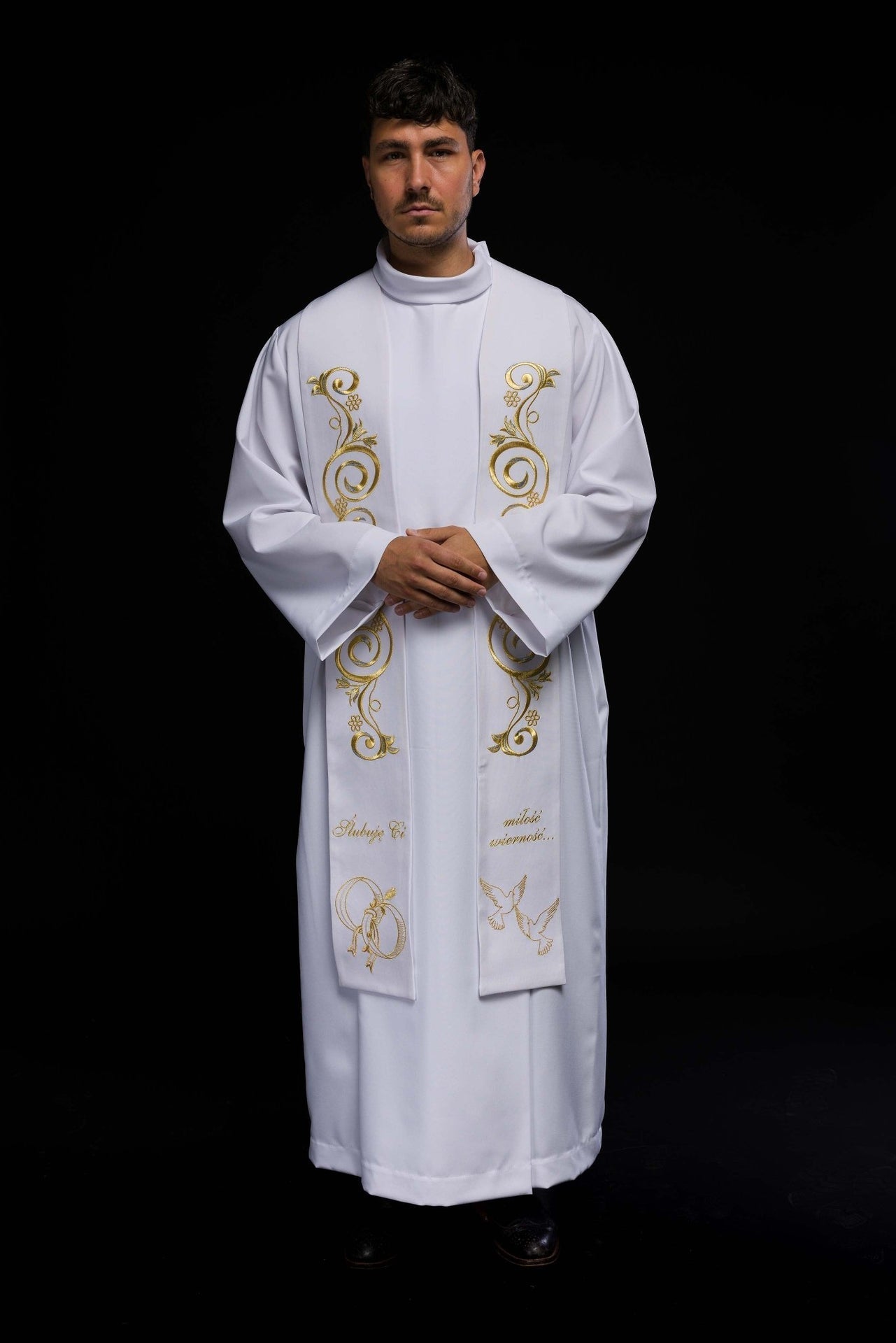 Długa Stuła Ślubna Haftowana z Napisem - Biała Liturgiczna - SZATYLITURGICZNE.PL