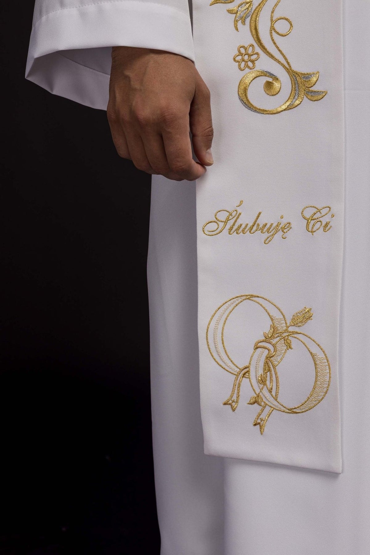 Długa Stuła Ślubna Haftowana z Napisem - Biała Liturgiczna - SZATYLITURGICZNE.PL