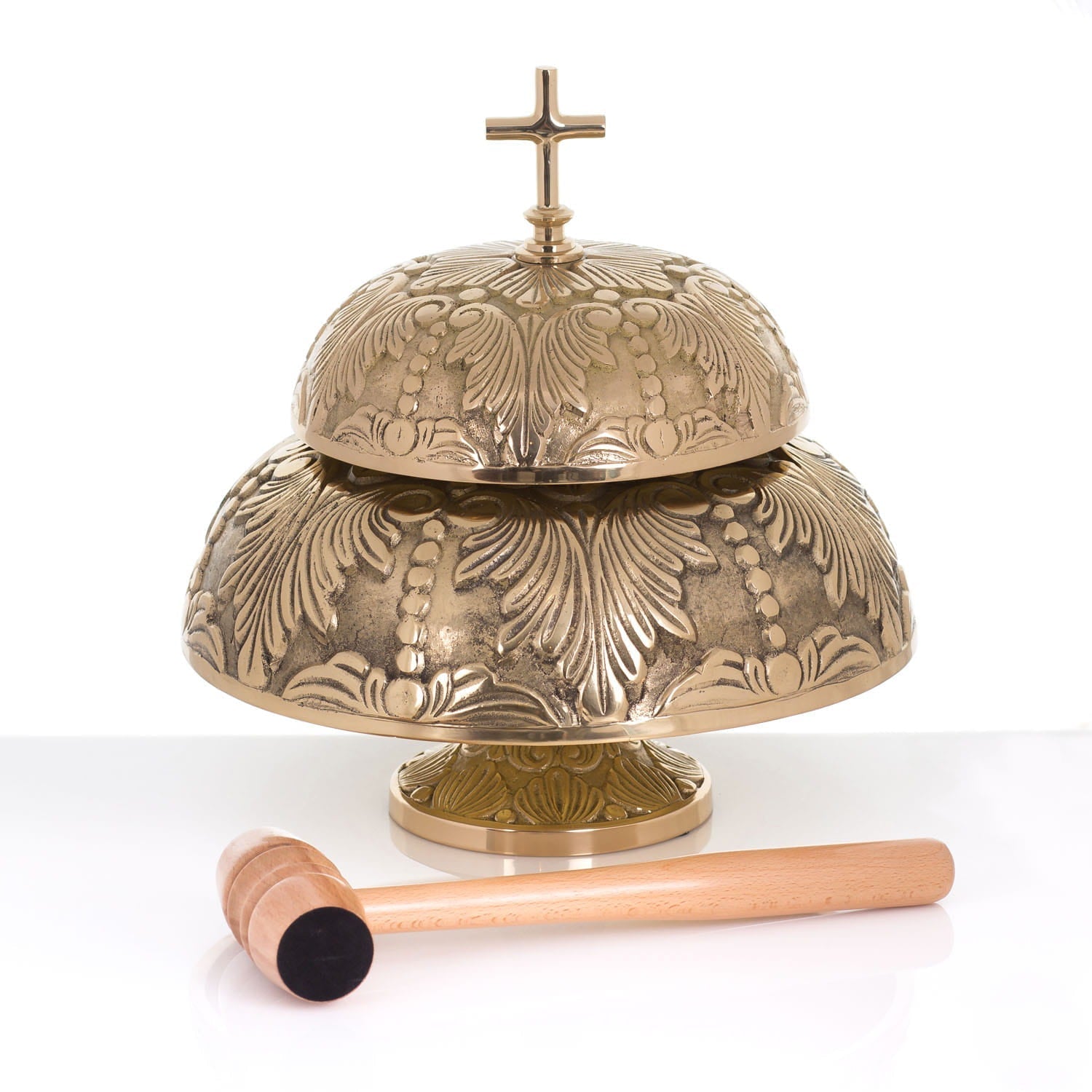 Gong Liturgiczny Dwutonowy Mosiężny Zdobiony z Młotkiem - SZATYLITURGICZNE.PL