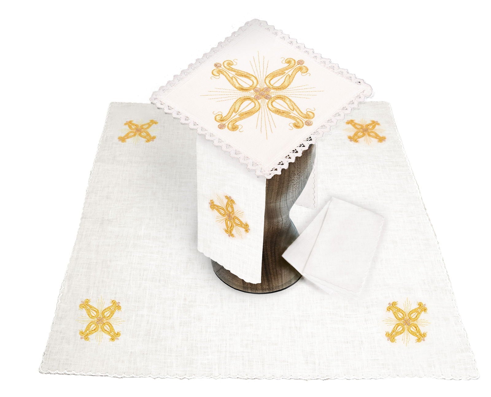 Komplet Kielichowy Lniany z Haftem Eucharystycznym Złote Krzyże - SZATYLITURGICZNE.PL