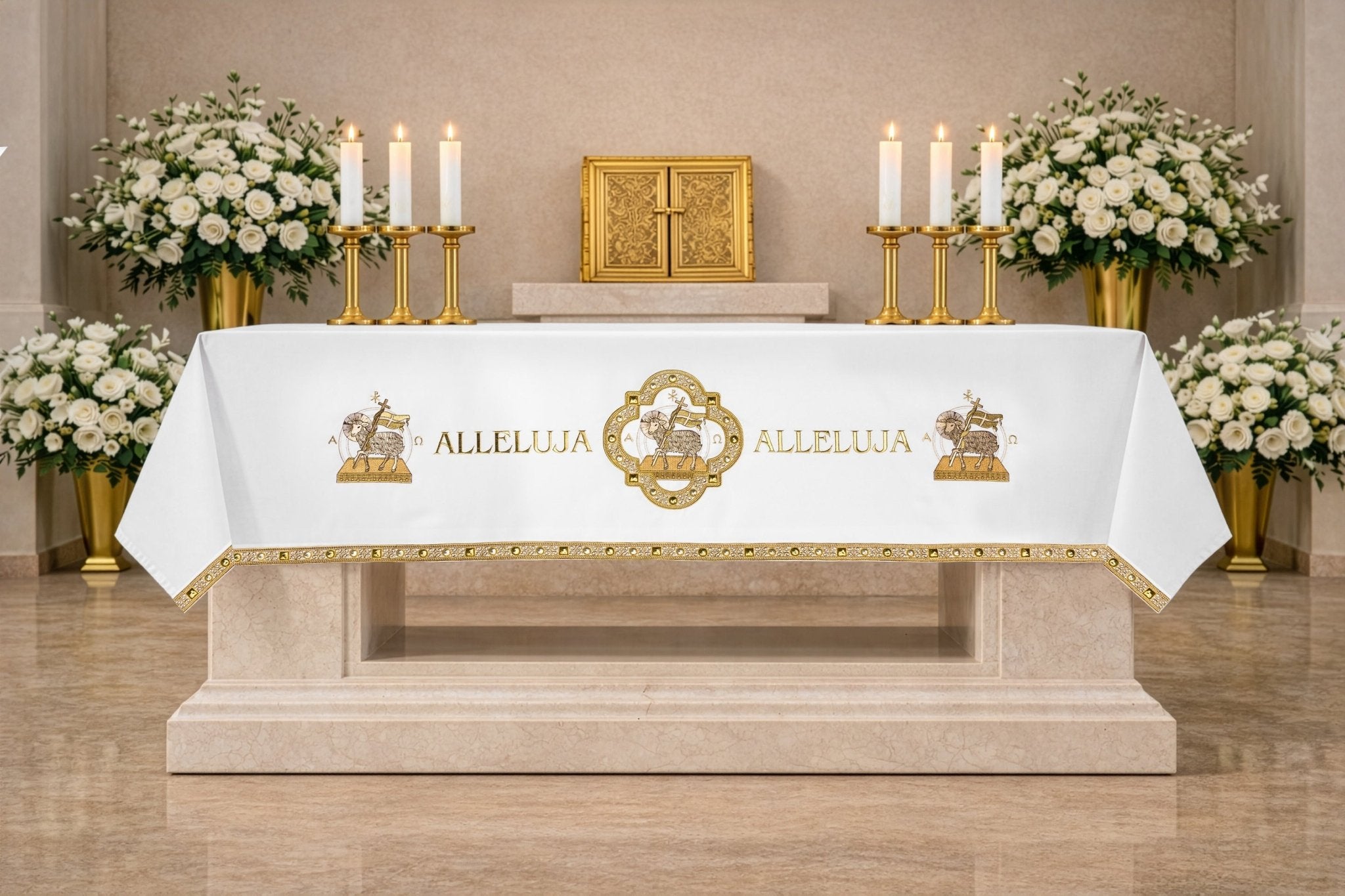 Obrus ołtarzowy na wielkanoc z haftem baranka - SZATYLITURGICZNE.PL