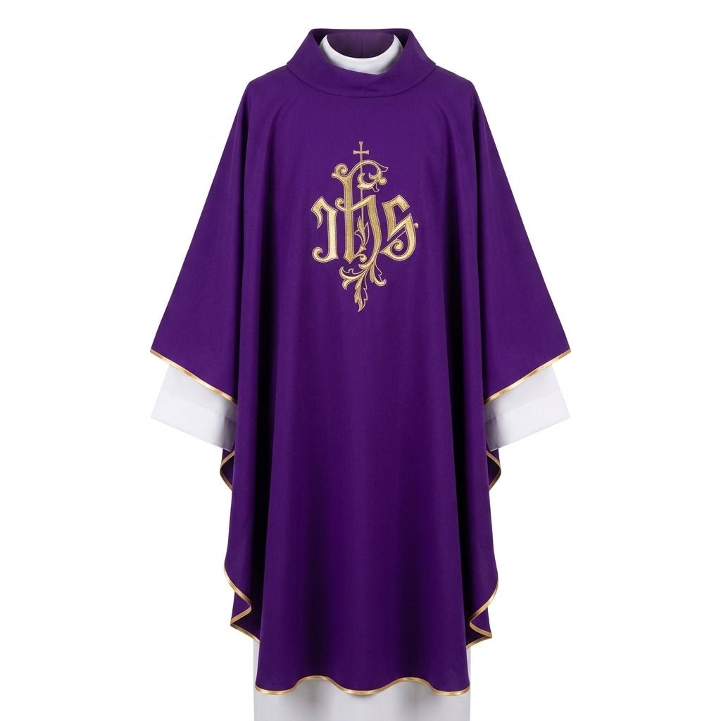 Ornat Fioletowy IHS Złoty Haft - Elegancki Strój Liturgiczny - SZATYLITURGICZNE.PL