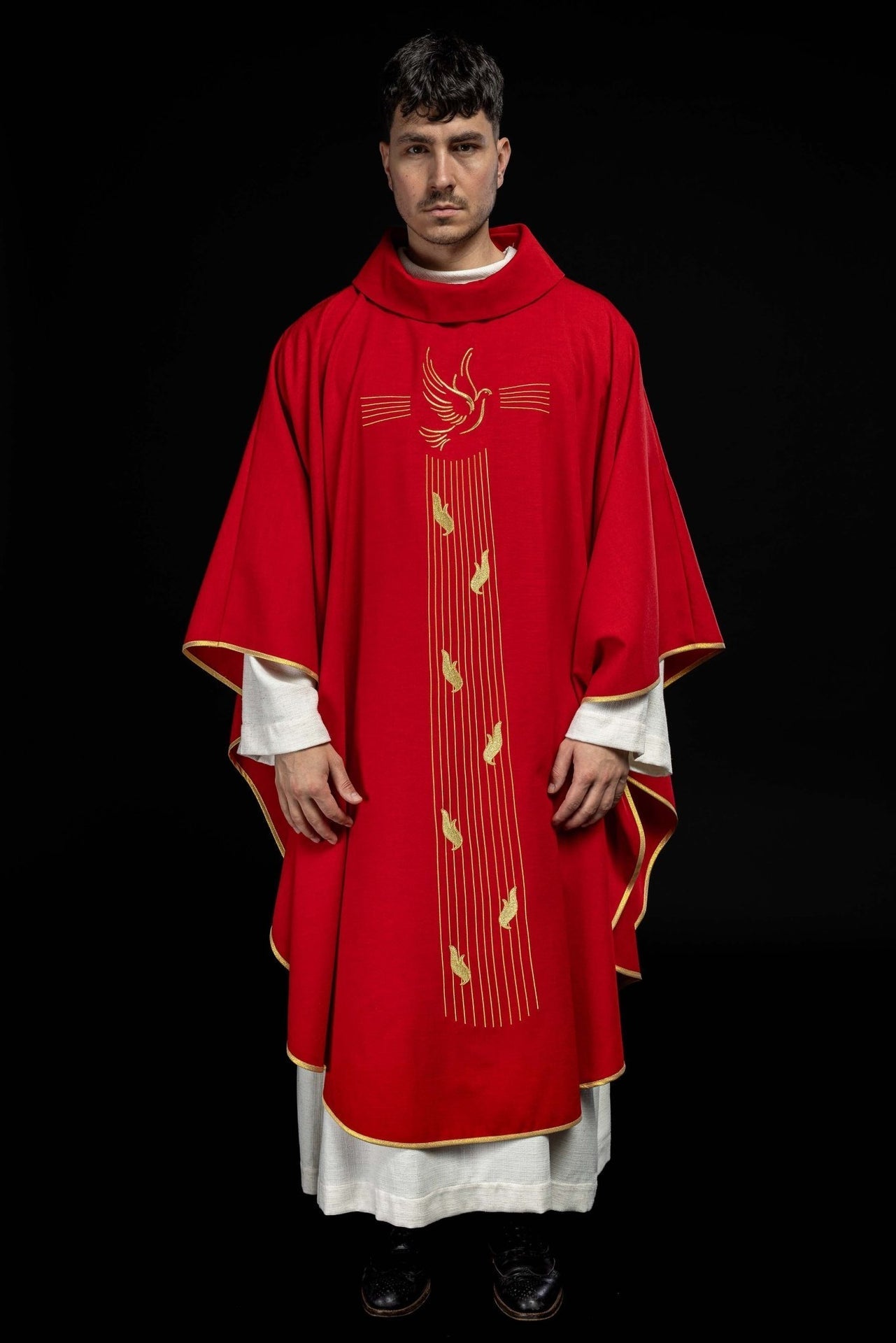 Ornat Liturgiczny Czerwony Duch Święty - Złota Lamówka, Stuła - SZATYLITURGICZNE.PL