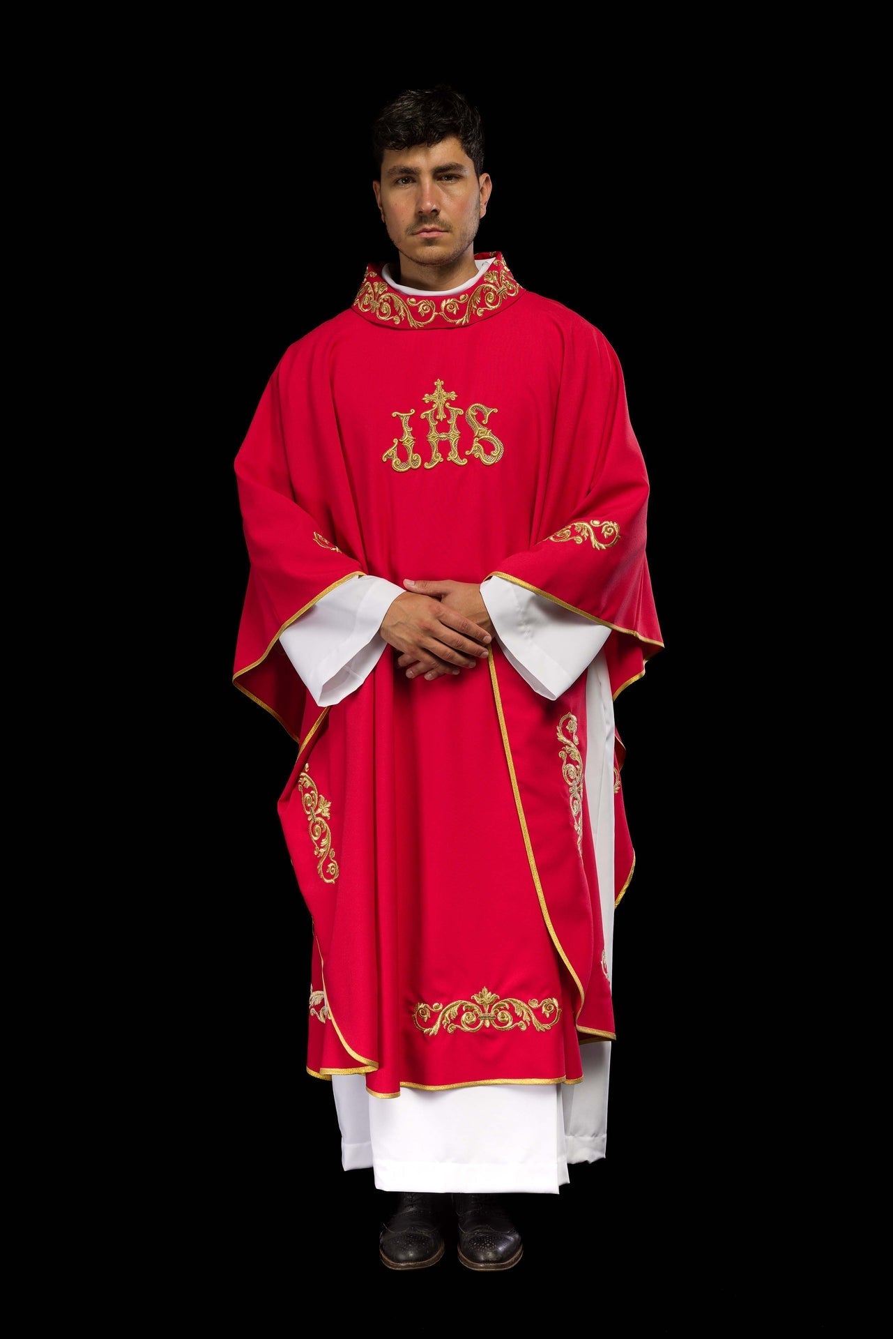 Ornat Liturgiczny Czerwony IHS Złoty Haft - Polska Produkcja - SZATYLITURGICZNE.PL