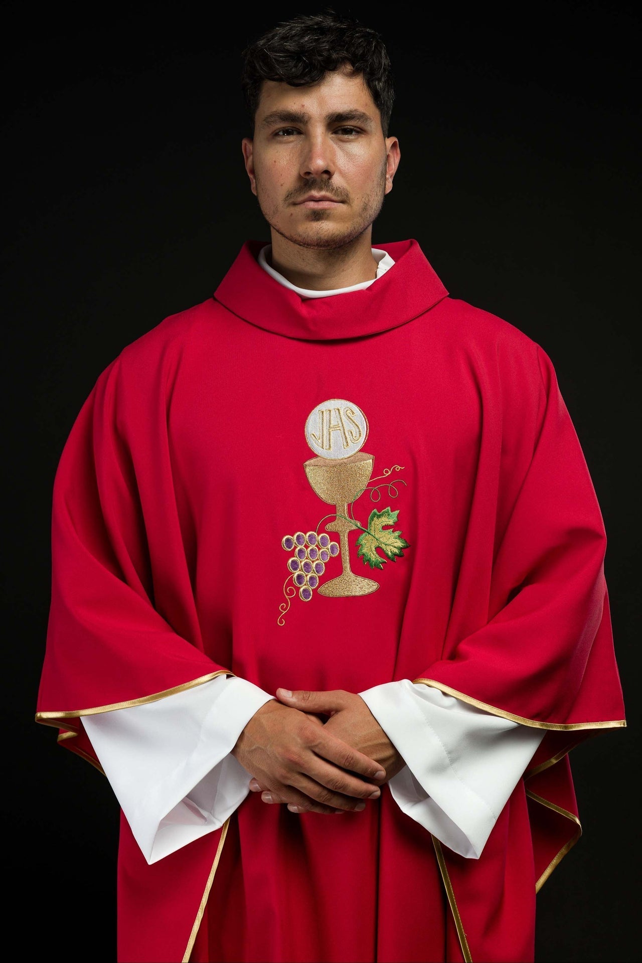 Ornat Liturgiczny Czerwony - Kielich, Krzyż i Winogrona - SZATYLITURGICZNE.PL
