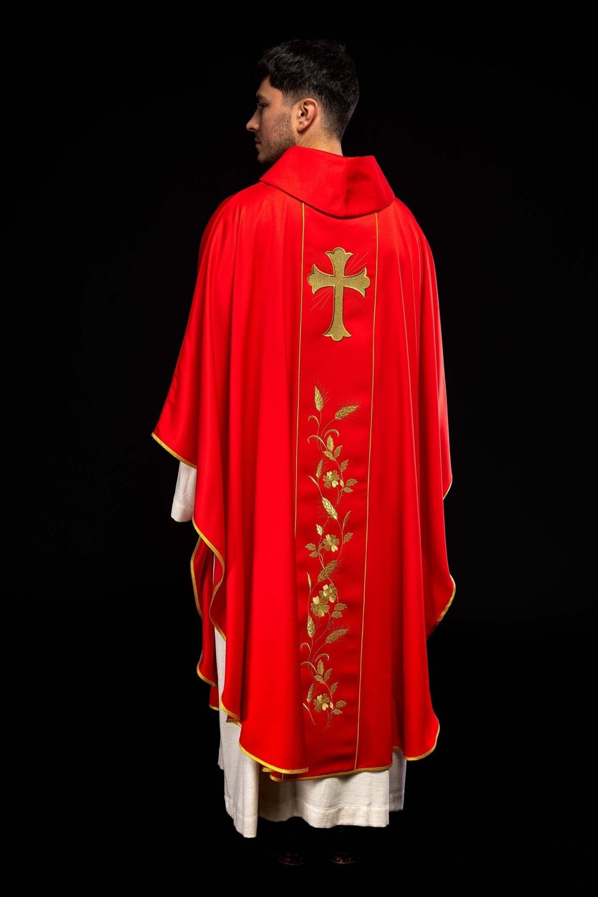 Ornat Liturgiczny Czerwony Krzyż i Kłosy Złoty Haft - SZATYLITURGICZNE.PL