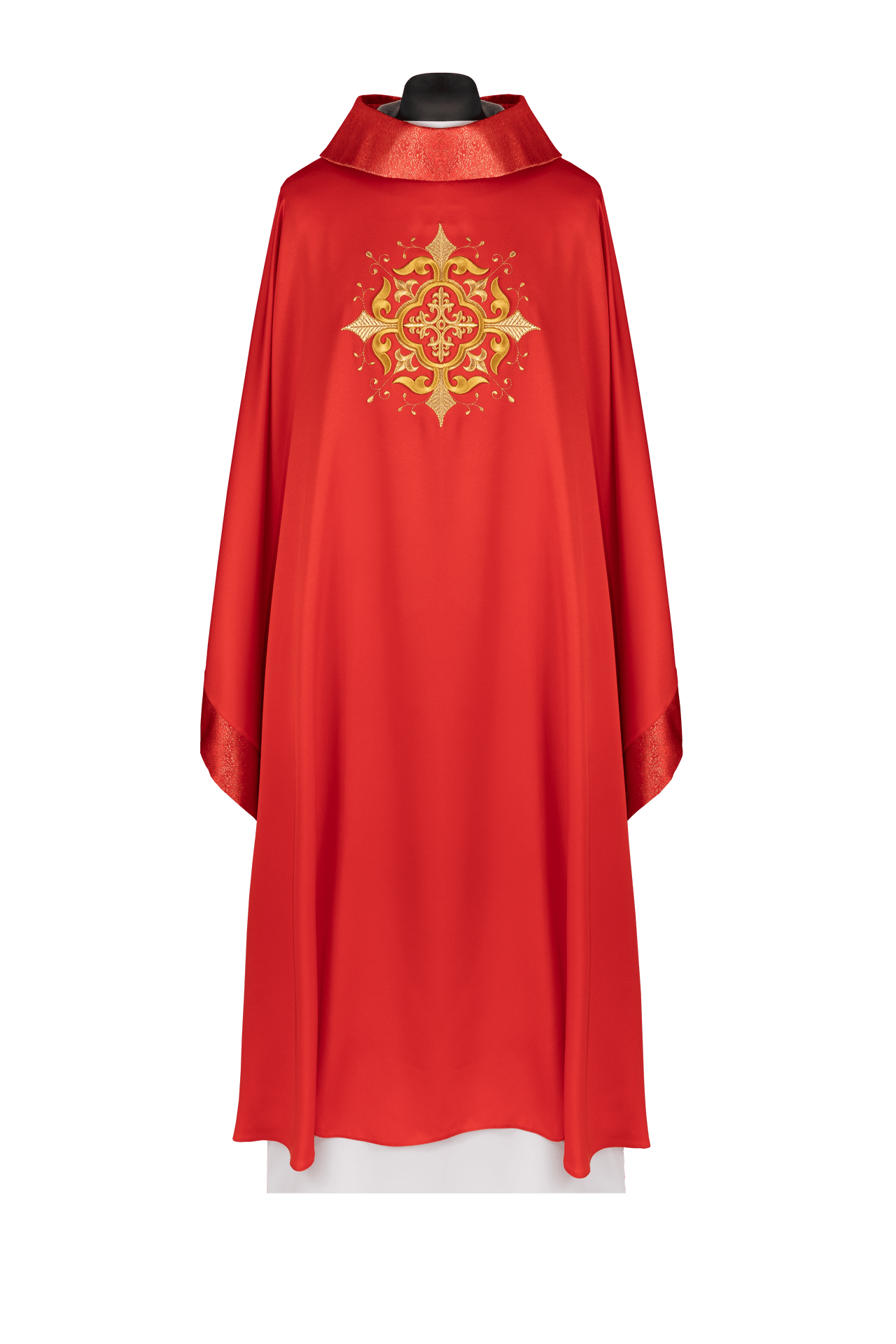 Ornat Liturgiczny Czerwony z Haftem Krzyża i Złotą Lamówką - SZATYLITURGICZNE.PL