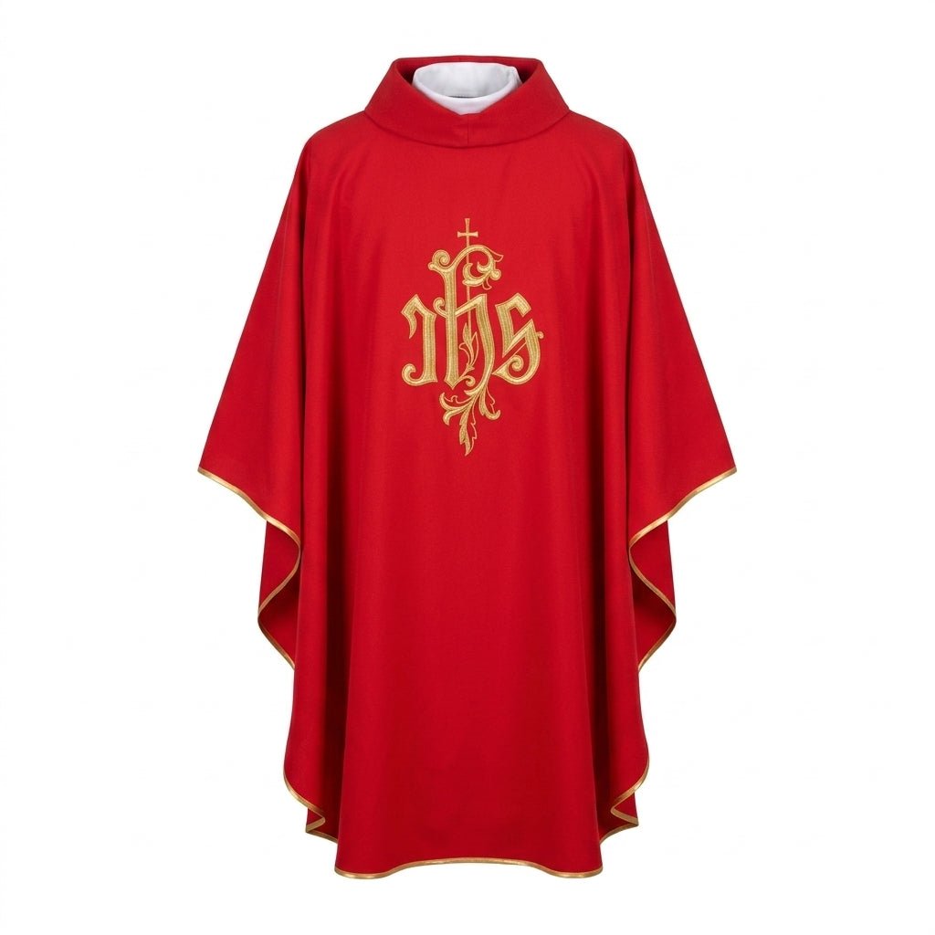 Ornat Liturgiczny Czerwony z Haftowanym Złotem IHS - SZATYLITURGICZNE.PL