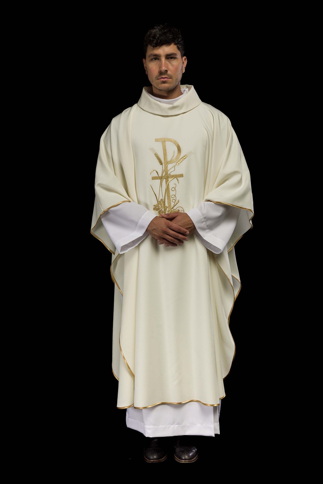 Ornat Liturgiczny Ecru Haft PAX Złota Lamówka - Komplet ze Stułą - SZATYLITURGICZNE.PL