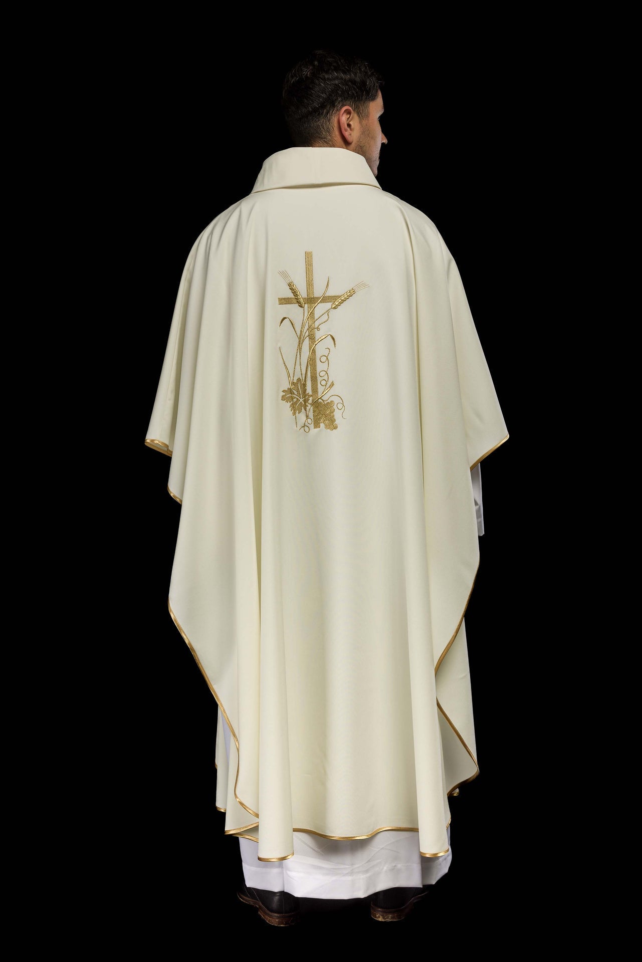 Ornat Liturgiczny Ecru Haft PAX Złota Lamówka - Komplet ze Stułą - SZATYLITURGICZNE.PL