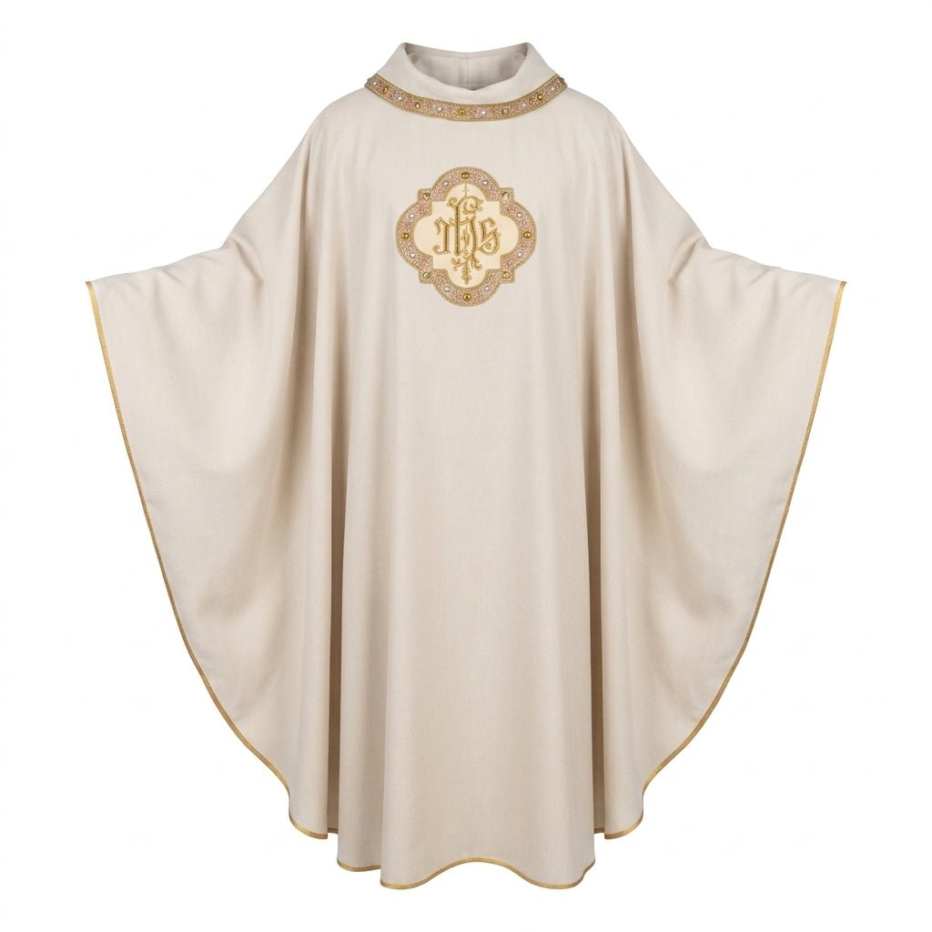 Ornat Liturgiczny Ecru IHS - Bogaty Haft, Polska Produkcja - SZATYLITURGICZNE.PL