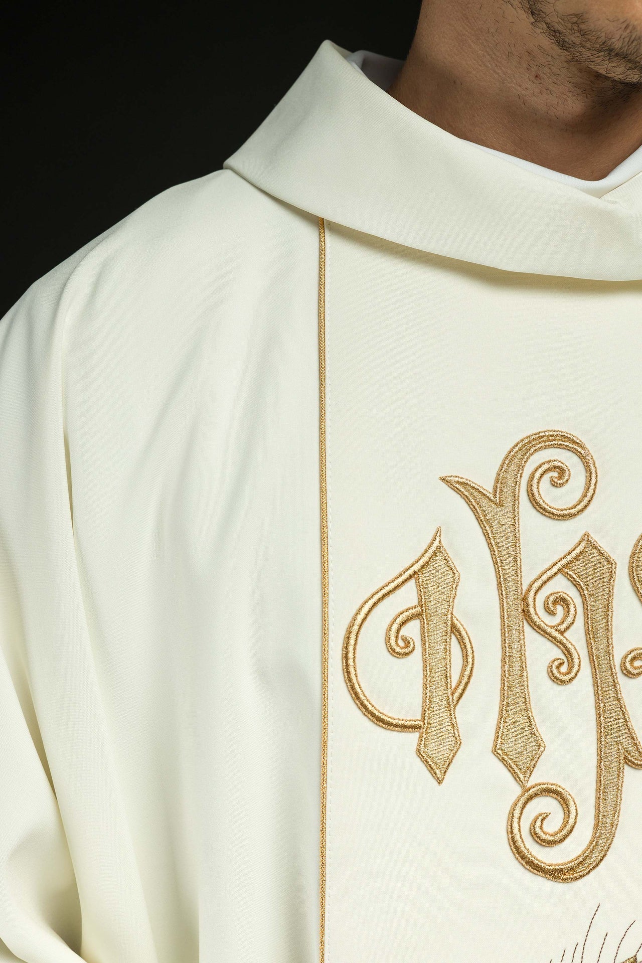 Ornat Liturgiczny Ecru IHS Kłosy i Winogrona - Haftowany Pas - SZATYLITURGICZNE.PL