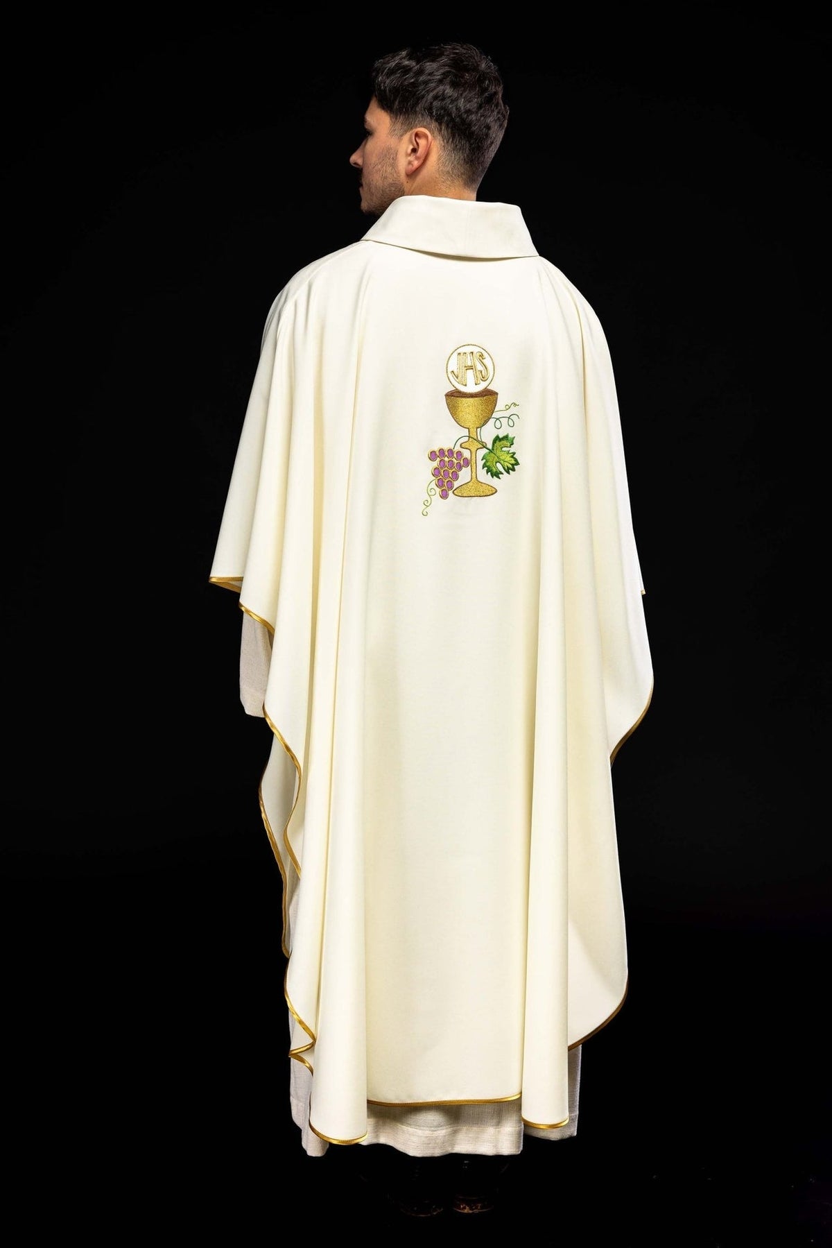 Ornat Liturgiczny Ecru - Kielich, Krzyż i Winogrona, Haftowany - SZATYLITURGICZNE.PL