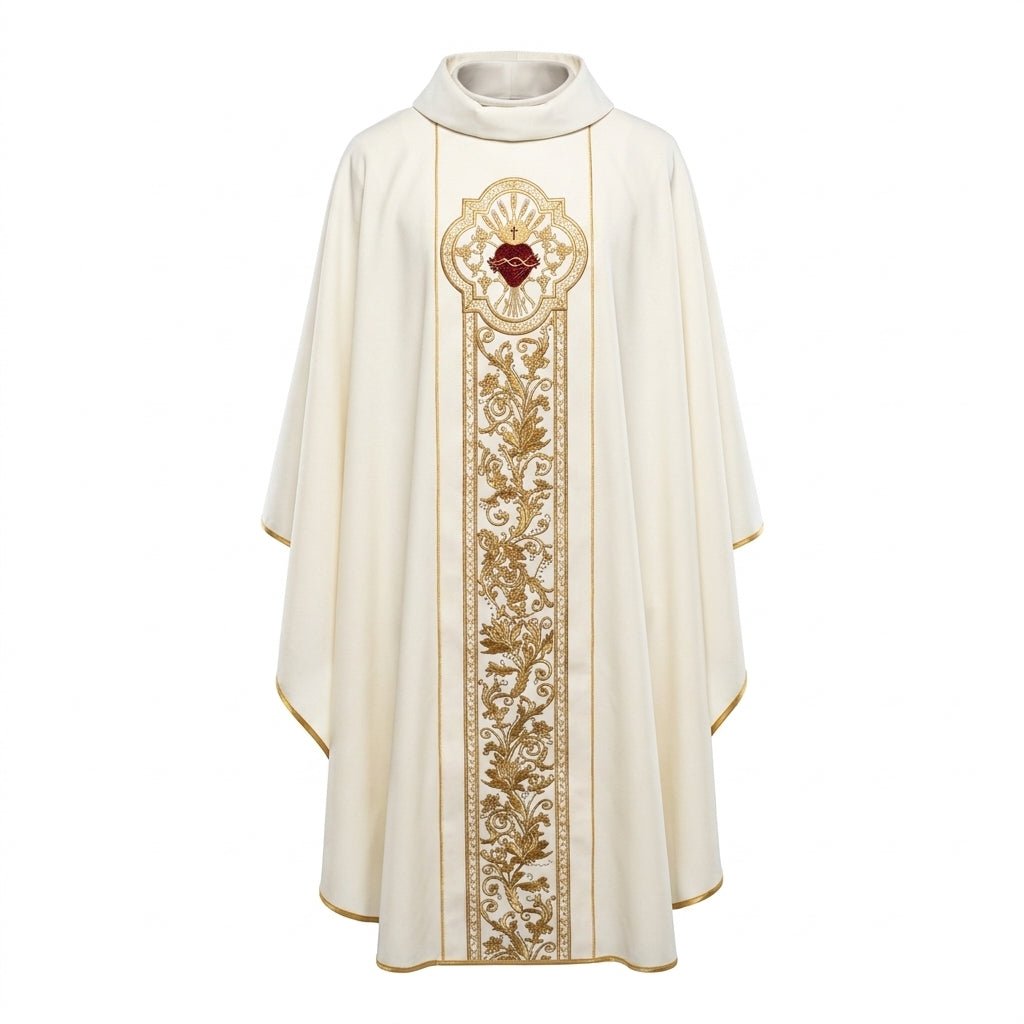 Ornat Liturgiczny Ecru - Serce Jezusa i PAX, Bogaty Haft Złoty - SZATYLITURGICZNE.PL