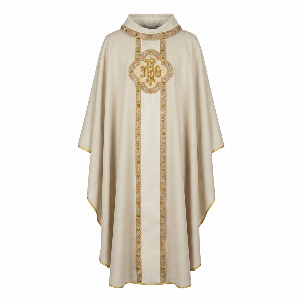 Ornat Liturgiczny Ecru z Haftem IHS i Złotą Lamówką - SZATYLITURGICZNE.PL