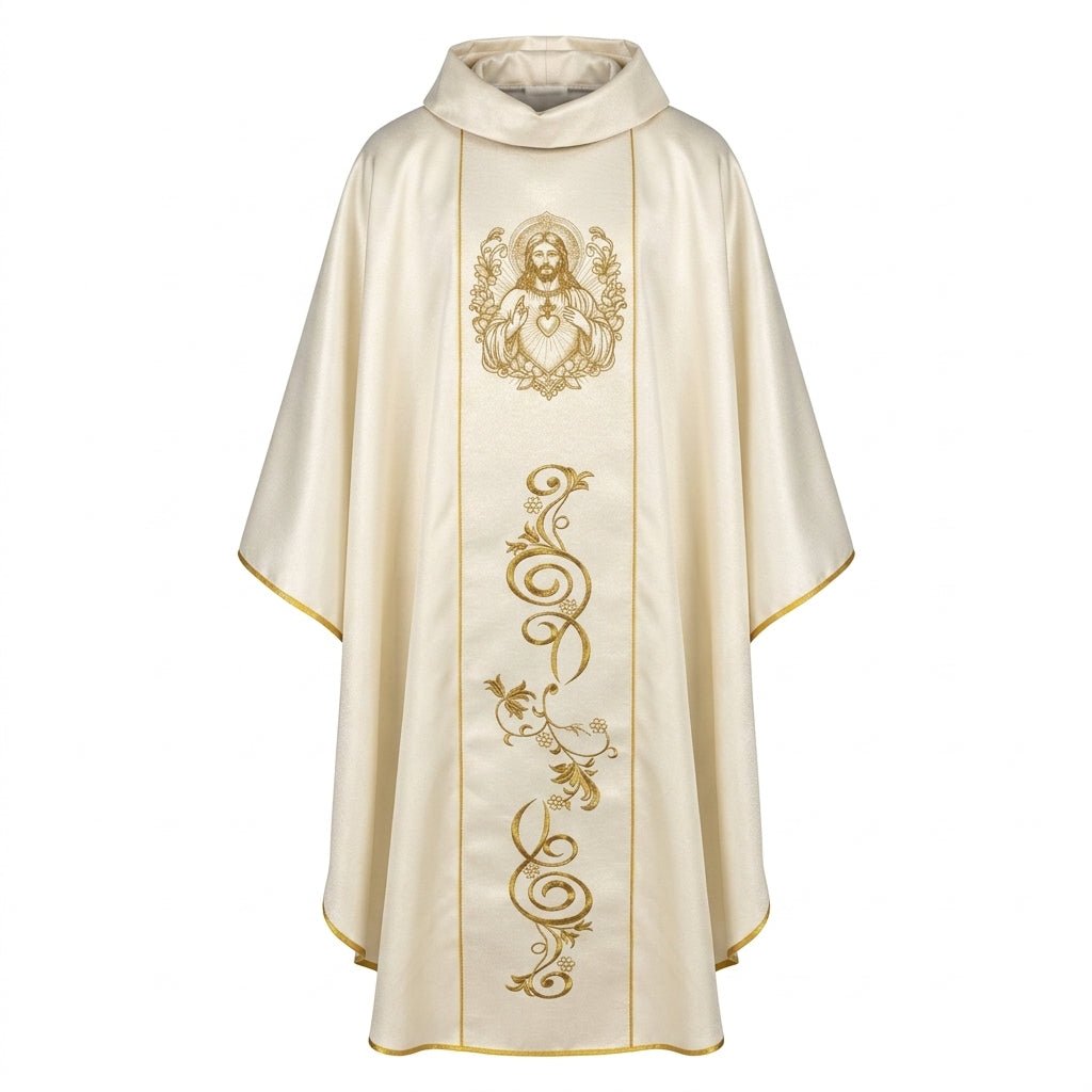 Ornat Liturgiczny Ecru z Haftem Najświętszego Serca Jezusowego - SZATYLITURGICZNE.PL