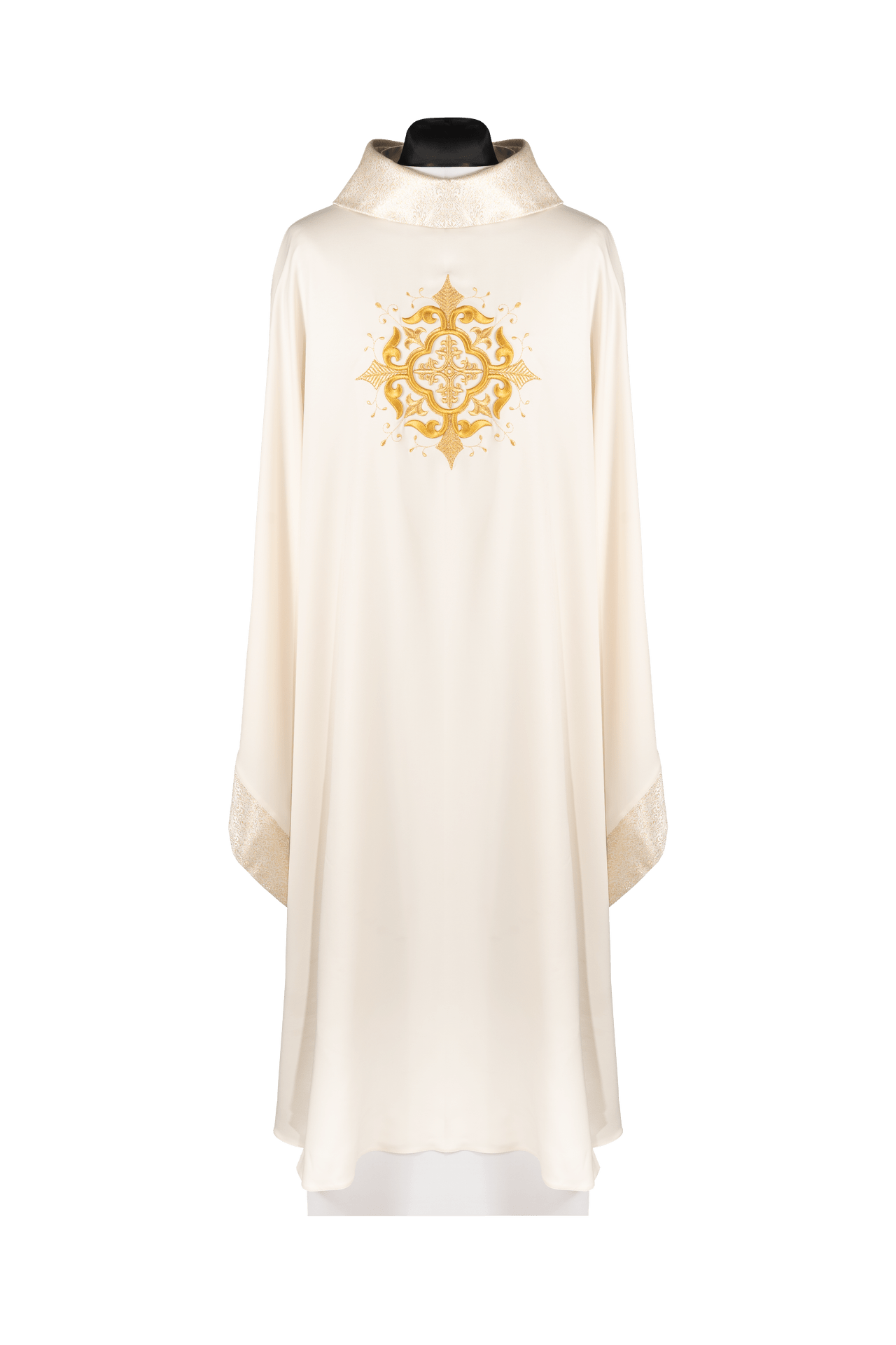 Ornat Liturgiczny Ecru z Haftowanym Krzyżem i Złotą Lamówką - SZATYLITURGICZNE.PL