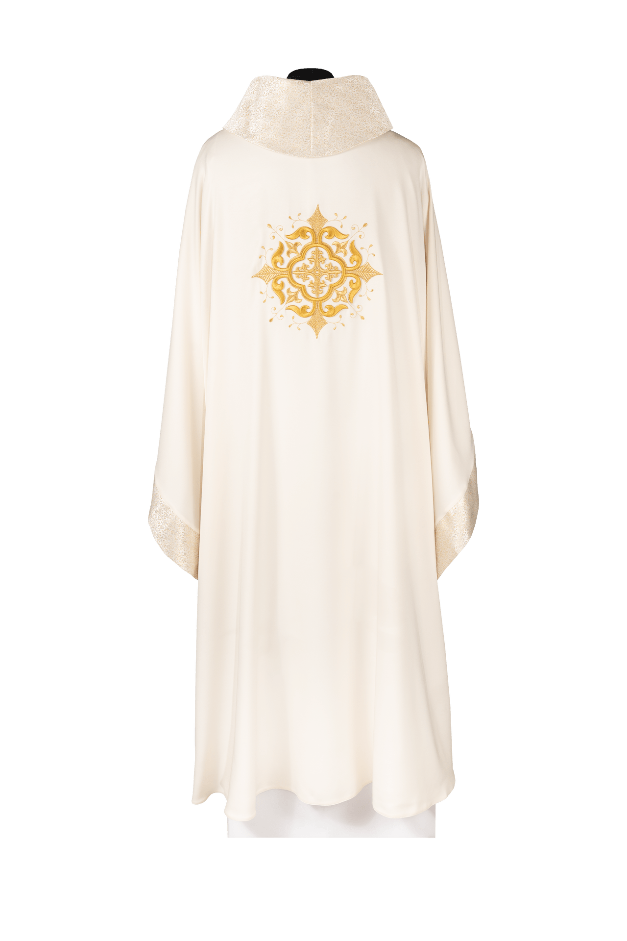 Ornat Liturgiczny Ecru z Haftowanym Krzyżem i Złotą Lamówką - SZATYLITURGICZNE.PL