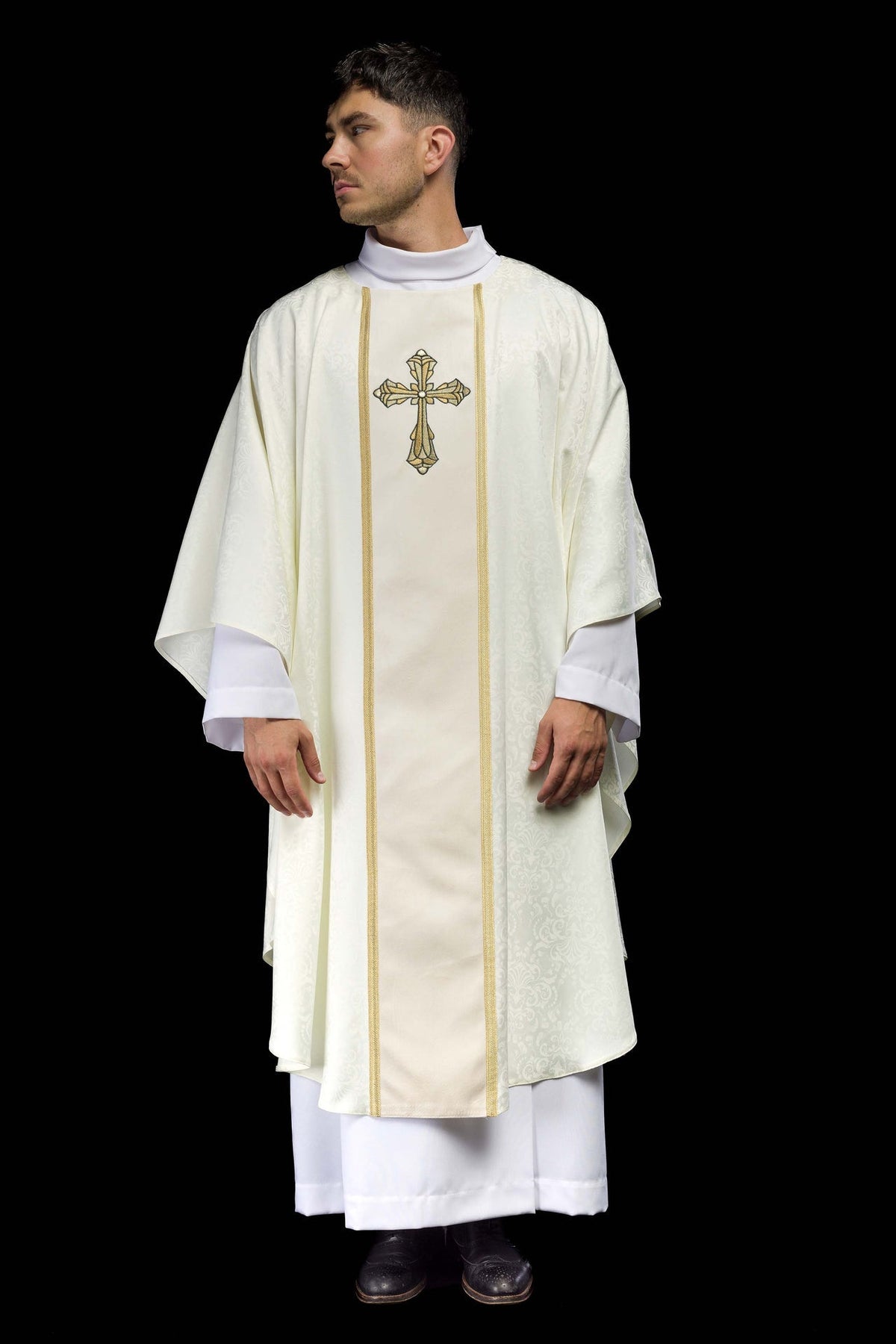 Ornat Liturgiczny Ecru Żakardowy z Haftem Krzyża Eucharystycznego - SZATYLITURGICZNE.PL