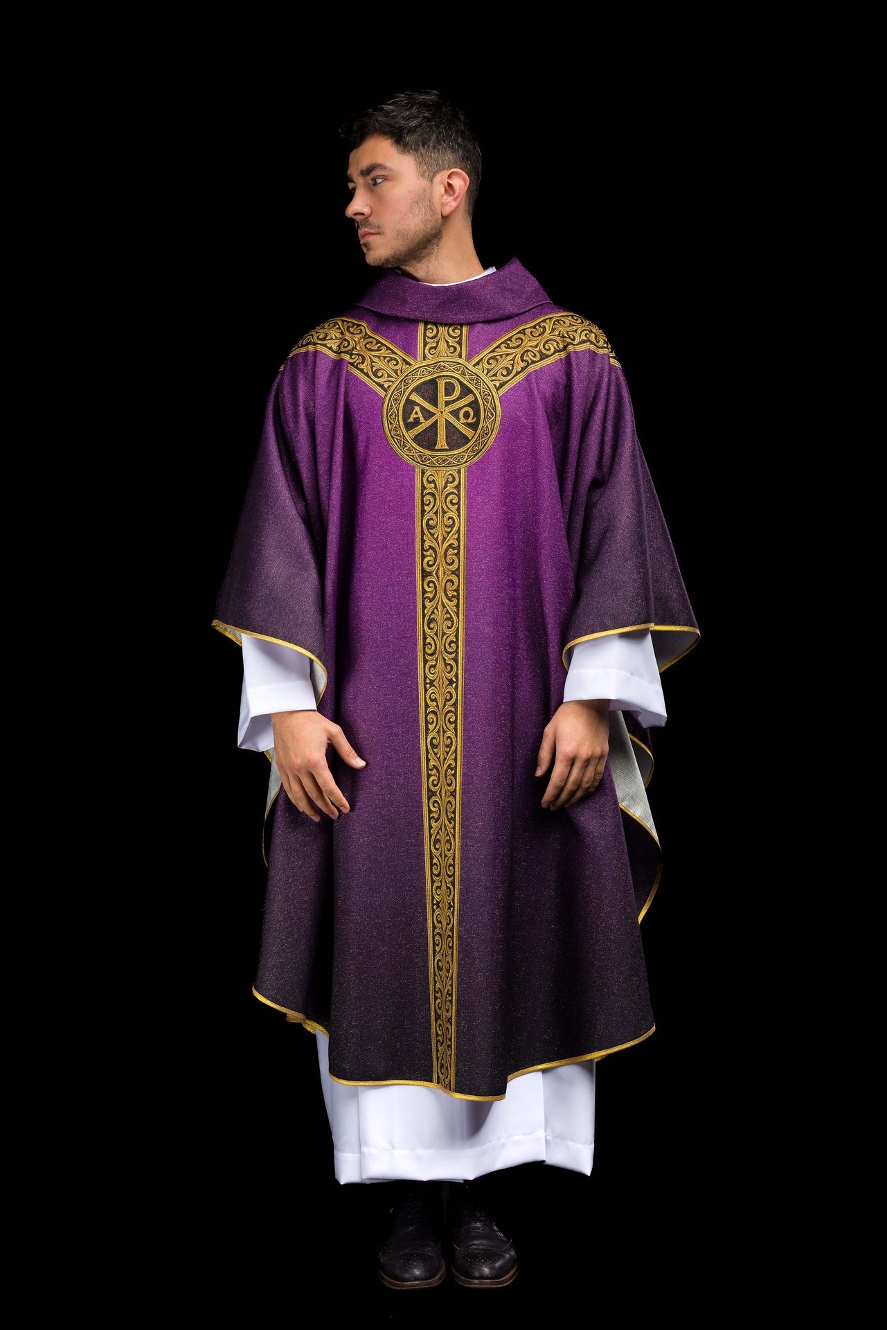 Ornat Liturgiczny Fioletowy Drukowany Pax ze Złotem - Adwent i Post - SZATYLITURGICZNE.PL