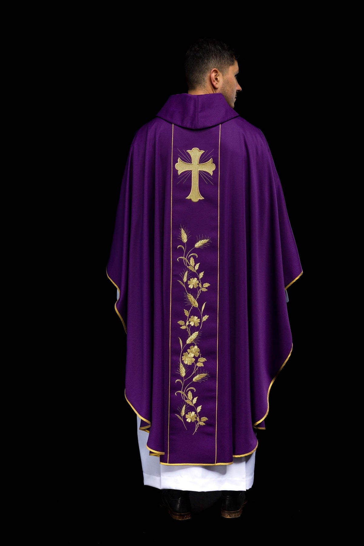 Ornat Liturgiczny Fioletowy Krzyż i Kłosy - Złoty Haft - SZATYLITURGICZNE.PL