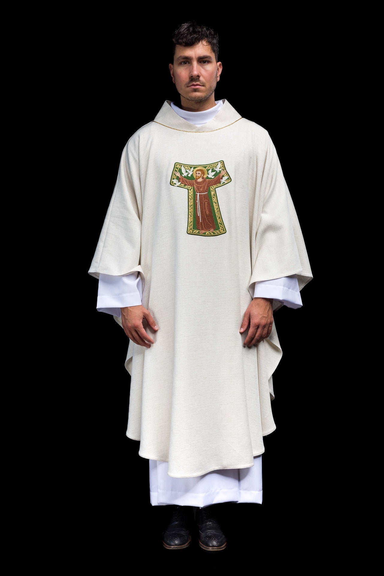 Ornat Liturgiczny Kremowy z Haftem Św. Franciszka - Franciszkański - SZATYLITURGICZNE.PL