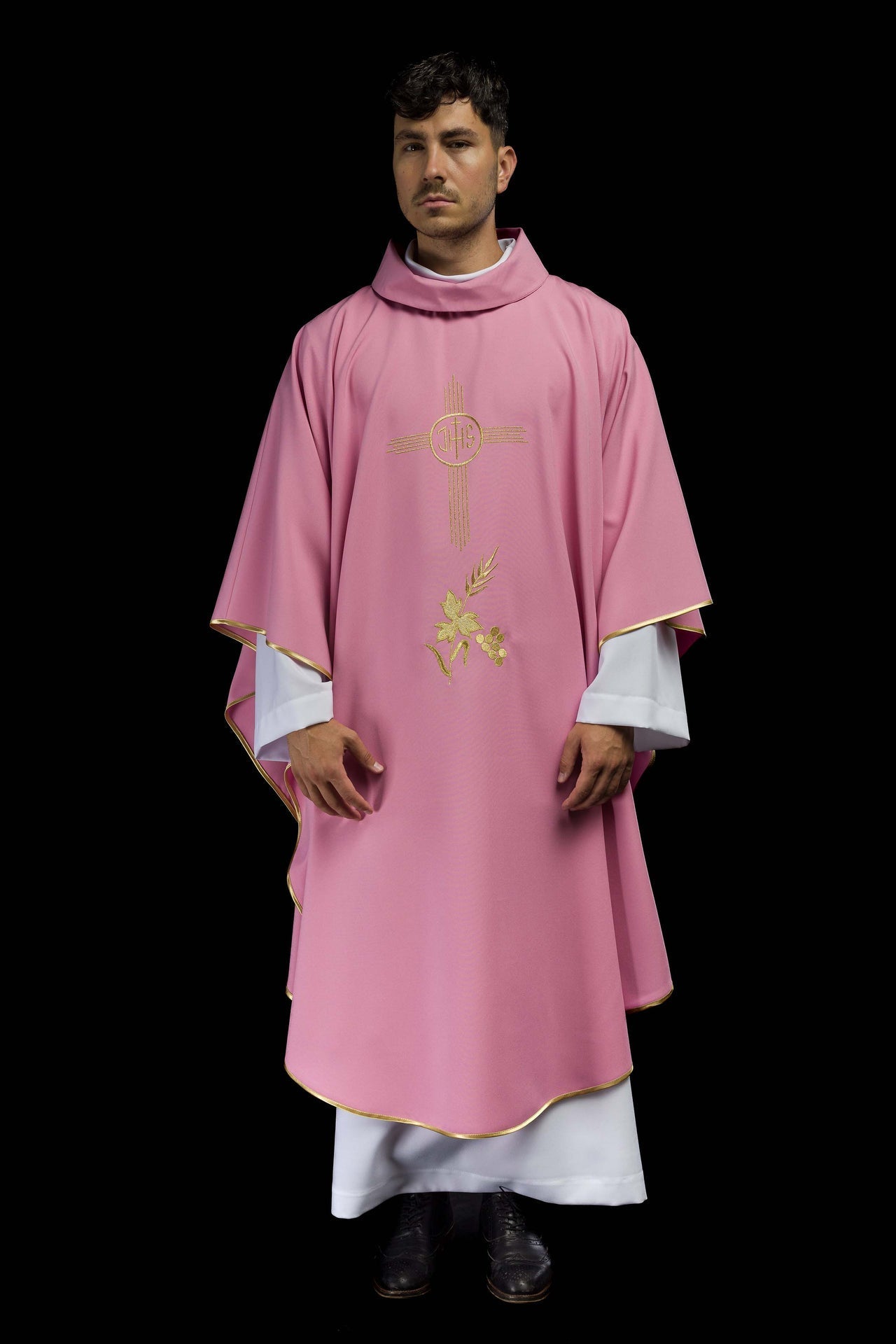 Ornat Liturgiczny Różowy IHS Haft Złotą Nicią z Stułą - SZATYLITURGICZNE.PL