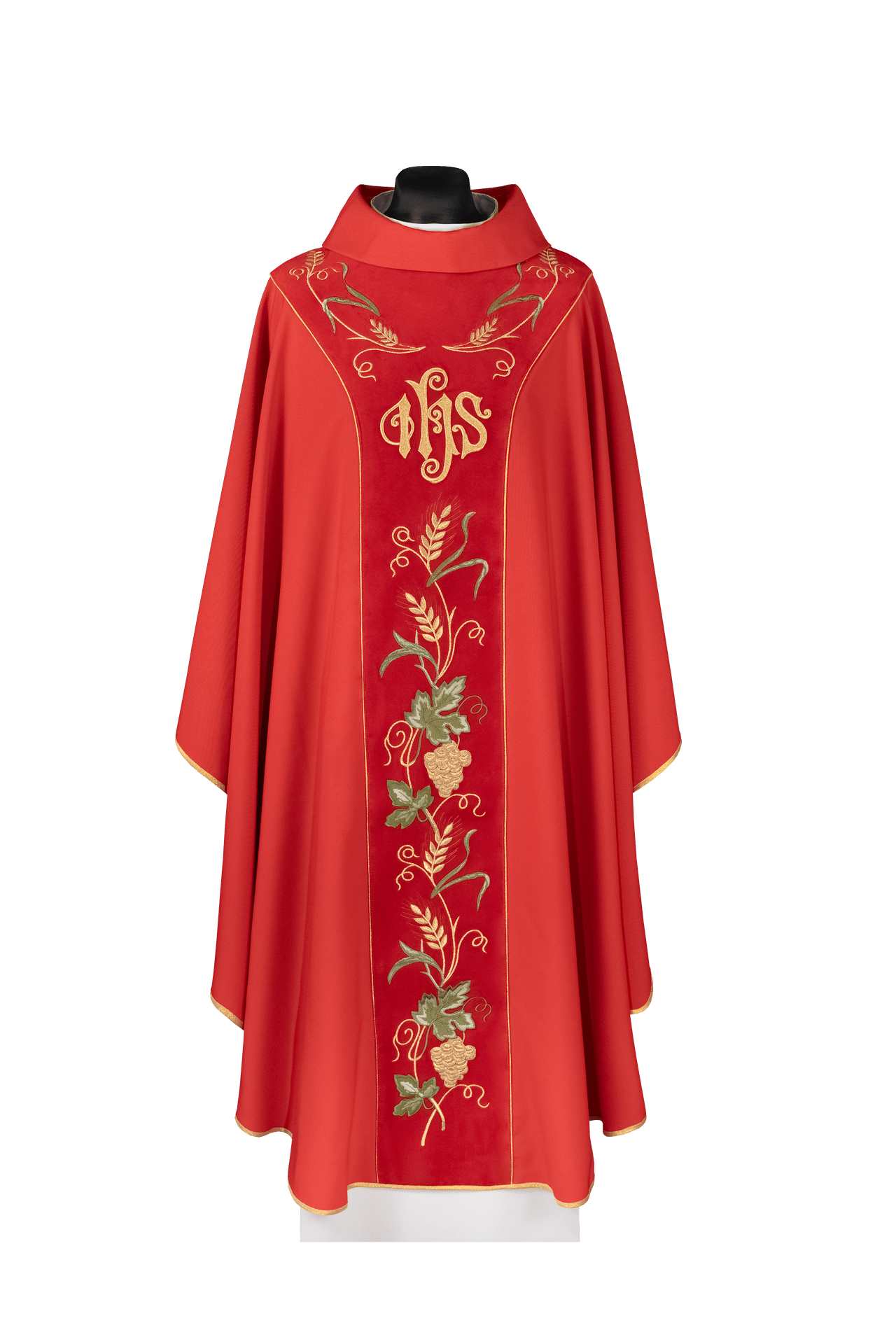 Ornat Liturgiczny z Aksamitnym Pasem i Haftem IHS - Czerwony - SZATYLITURGICZNE.PL