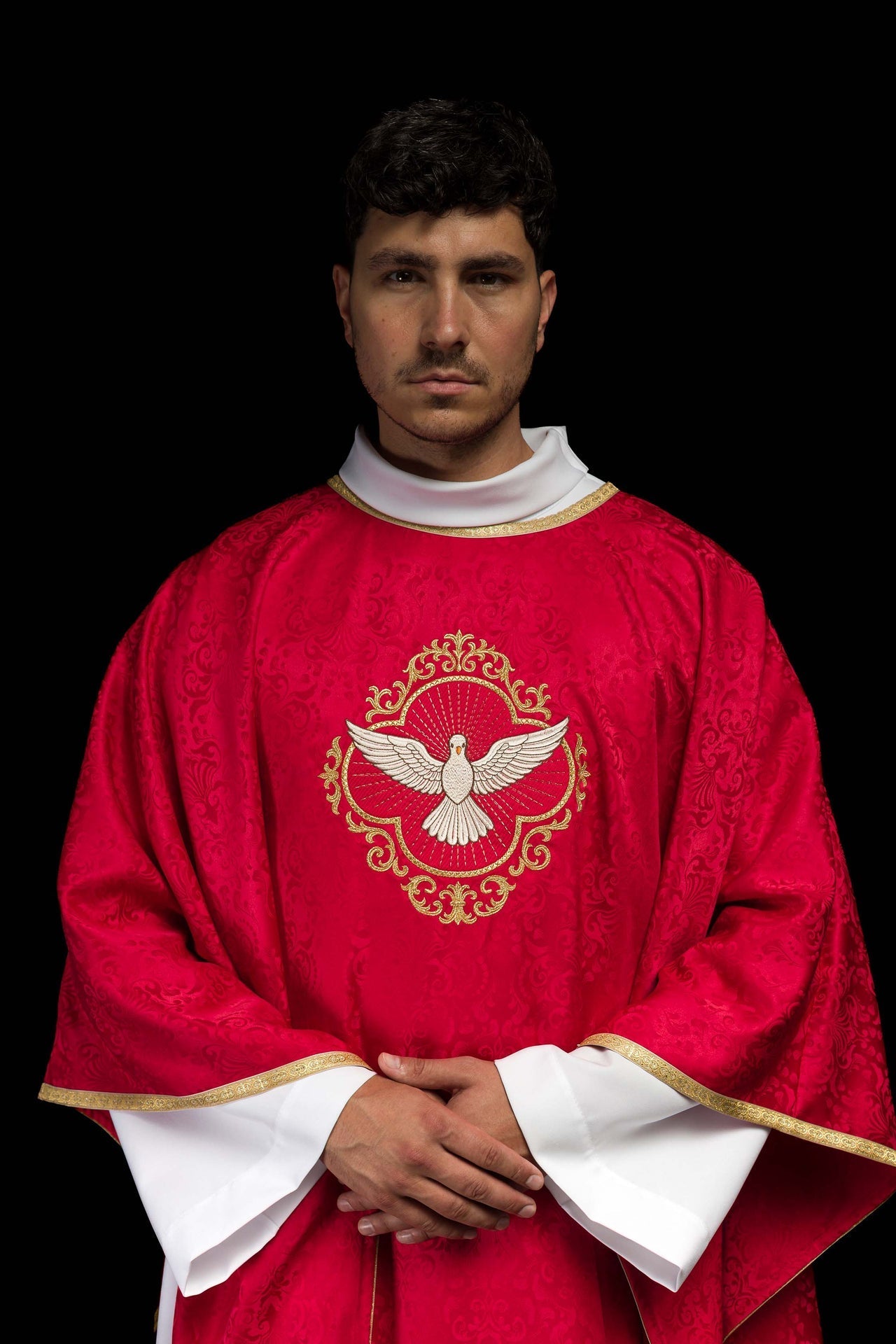 Ornat Liturgiczny z Duchem Świętym Żakard Ecru/Czerwony + Stuła - SZATYLITURGICZNE.PL