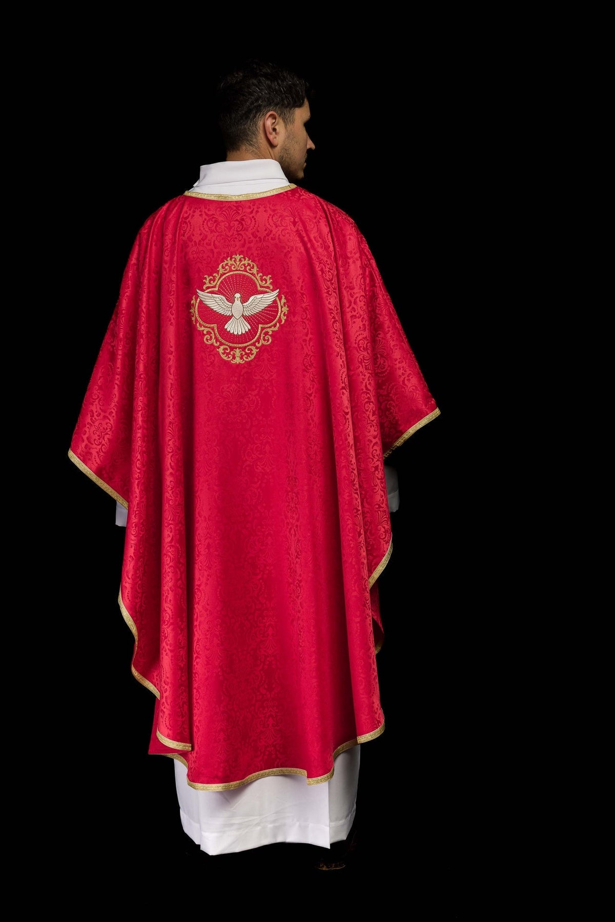 Ornat Liturgiczny z Duchem Świętym Żakard Ecru/Czerwony + Stuła - SZATYLITURGICZNE.PL