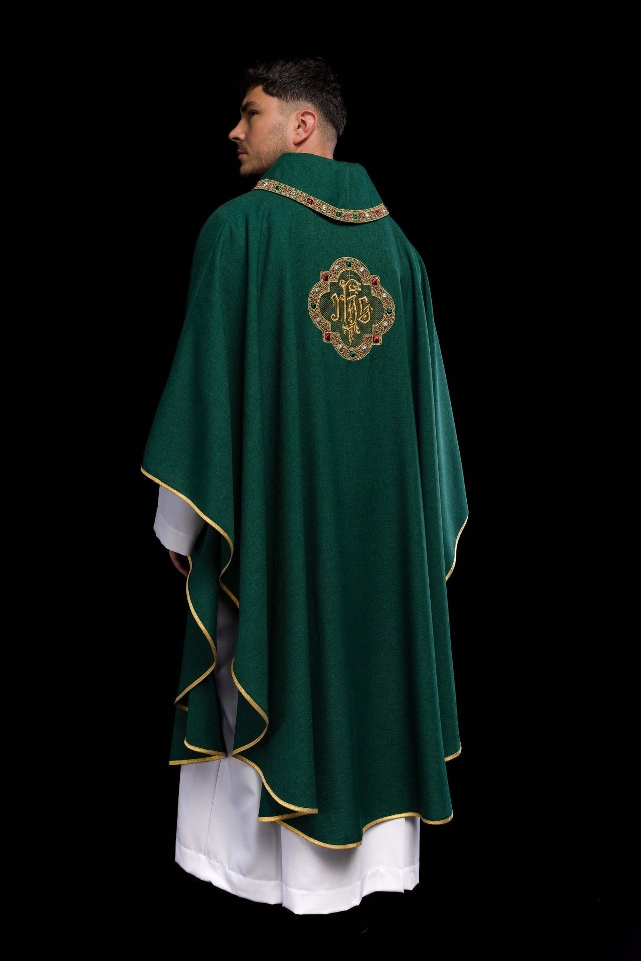 Ornat Liturgiczny Zielony IHS - Bogato Haftowany Pas i Lamówka - SZATYLITURGICZNE.PL