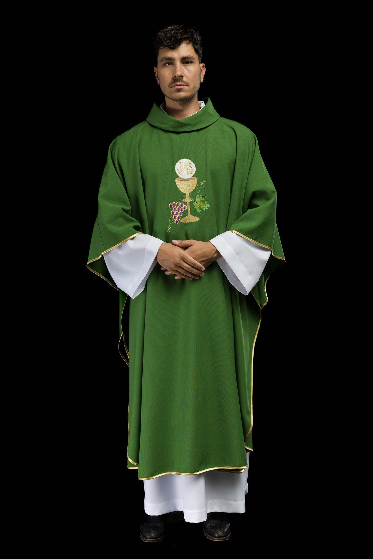 Ornat Liturgiczny Zielony Kielich z Haftem Winogron - Komplet ze Stułą - SZATYLITURGICZNE.PL
