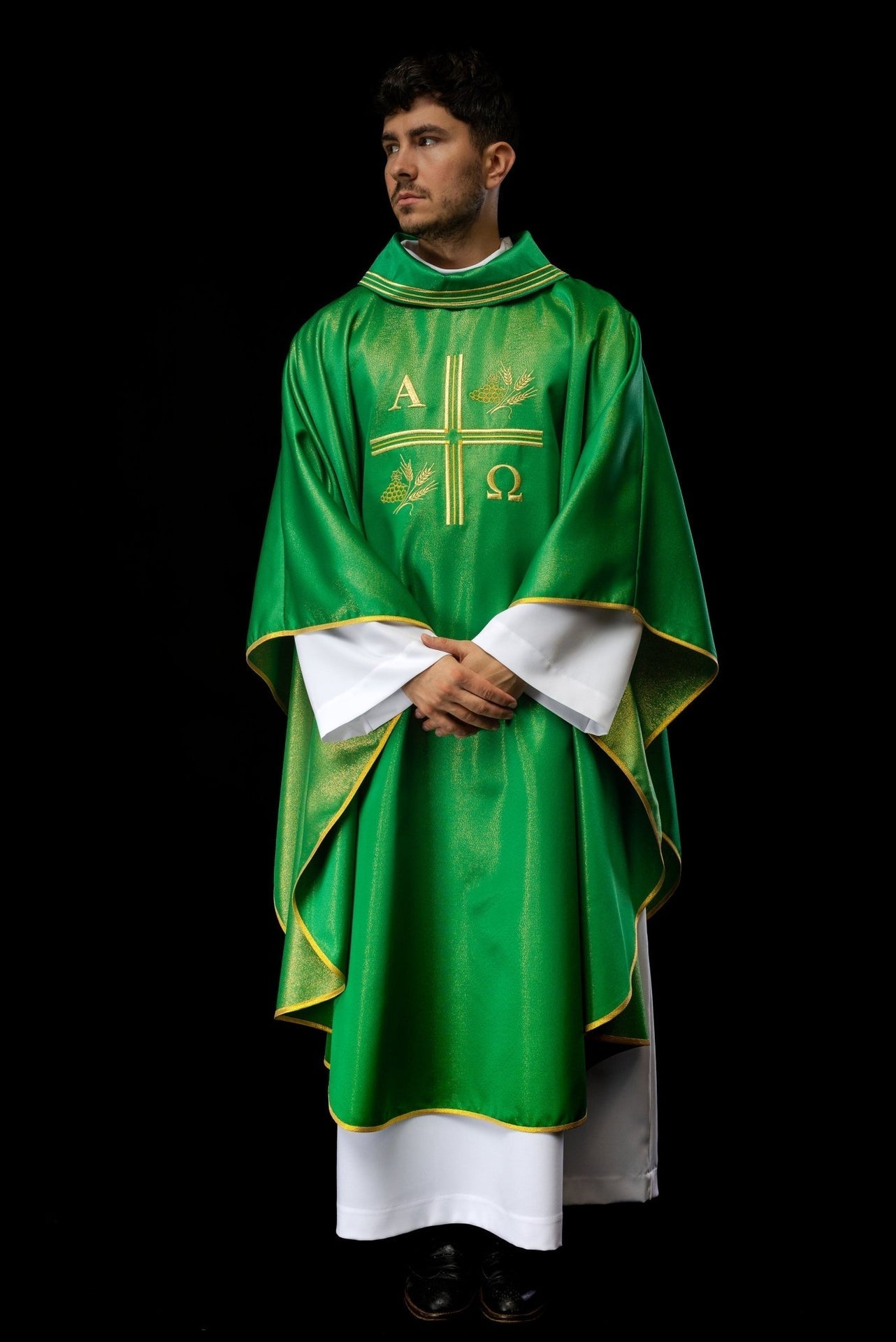 Ornat Liturgiczny Zielony Krzyż Alfa Omega Kłosy - Polski Producent - SZATYLITURGICZNE.PL