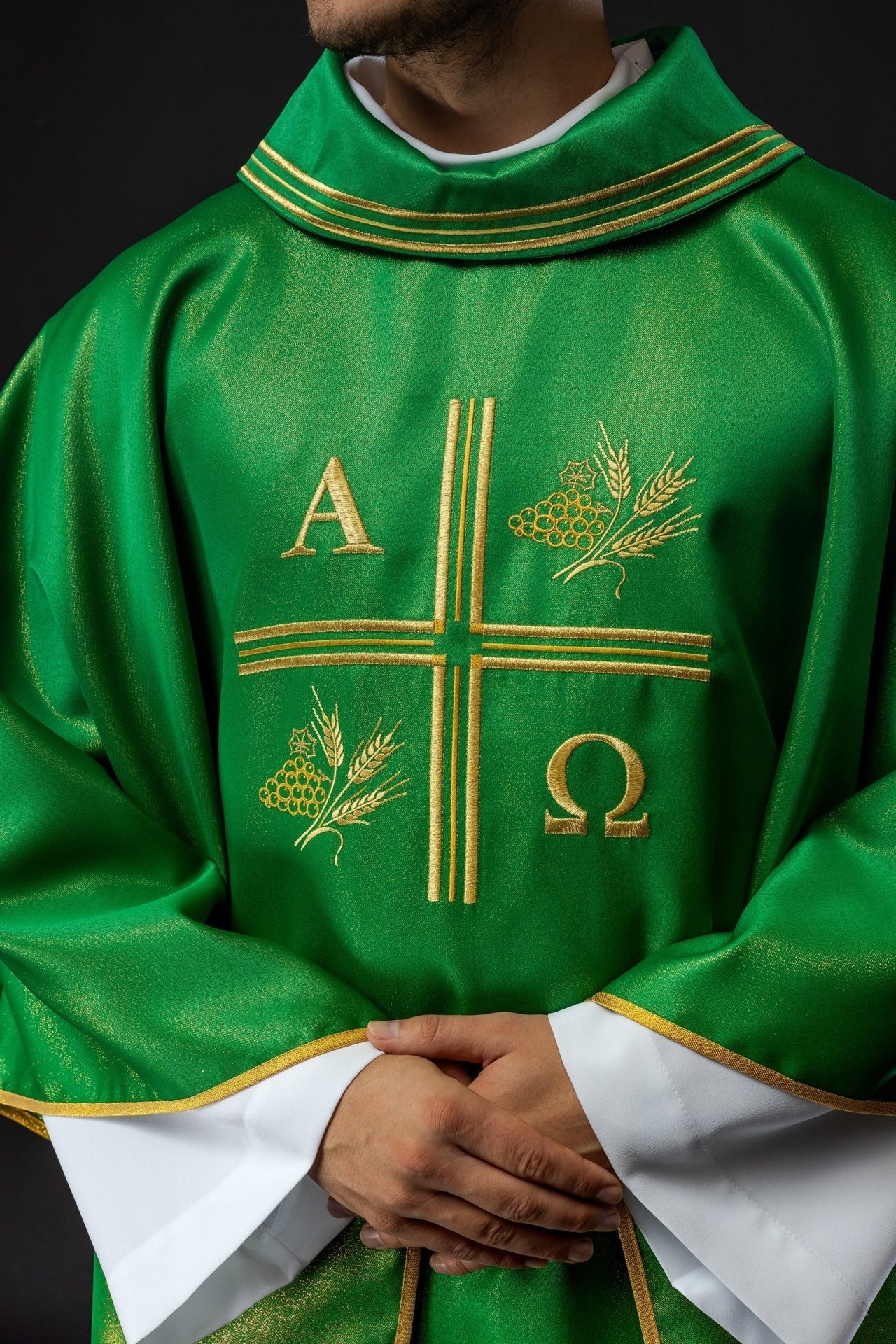 Ornat Liturgiczny Zielony Krzyż Alfa Omega Kłosy - Polski Producent - SZATYLITURGICZNE.PL