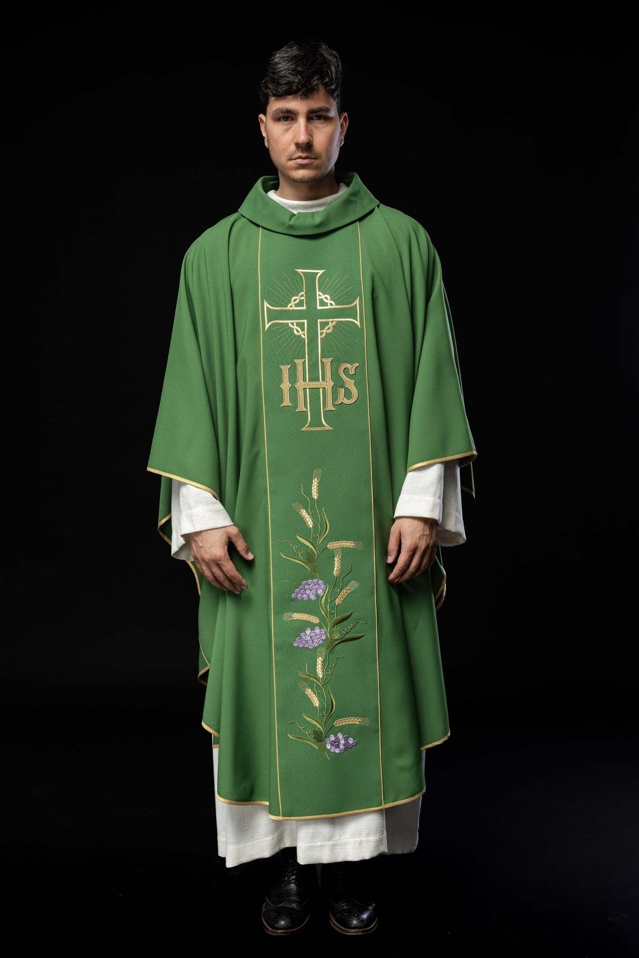 Ornat Liturgiczny Zielony Złoty Pas IHS Kłosy - Komplet ze Stułą - SZATYLITURGICZNE.PL