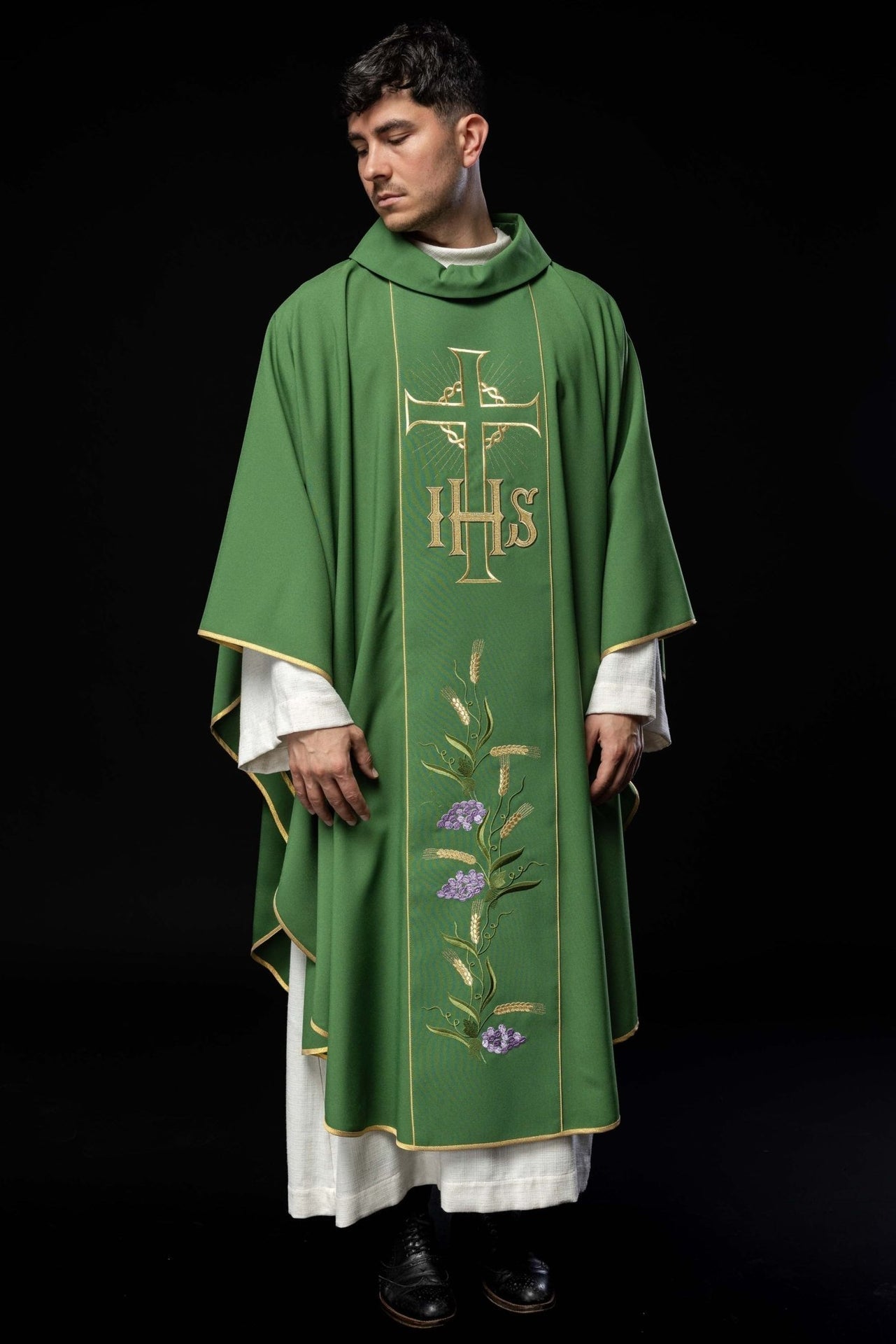 Ornat Liturgiczny Zielony Złoty Pas IHS Kłosy - Komplet ze Stułą - SZATYLITURGICZNE.PL