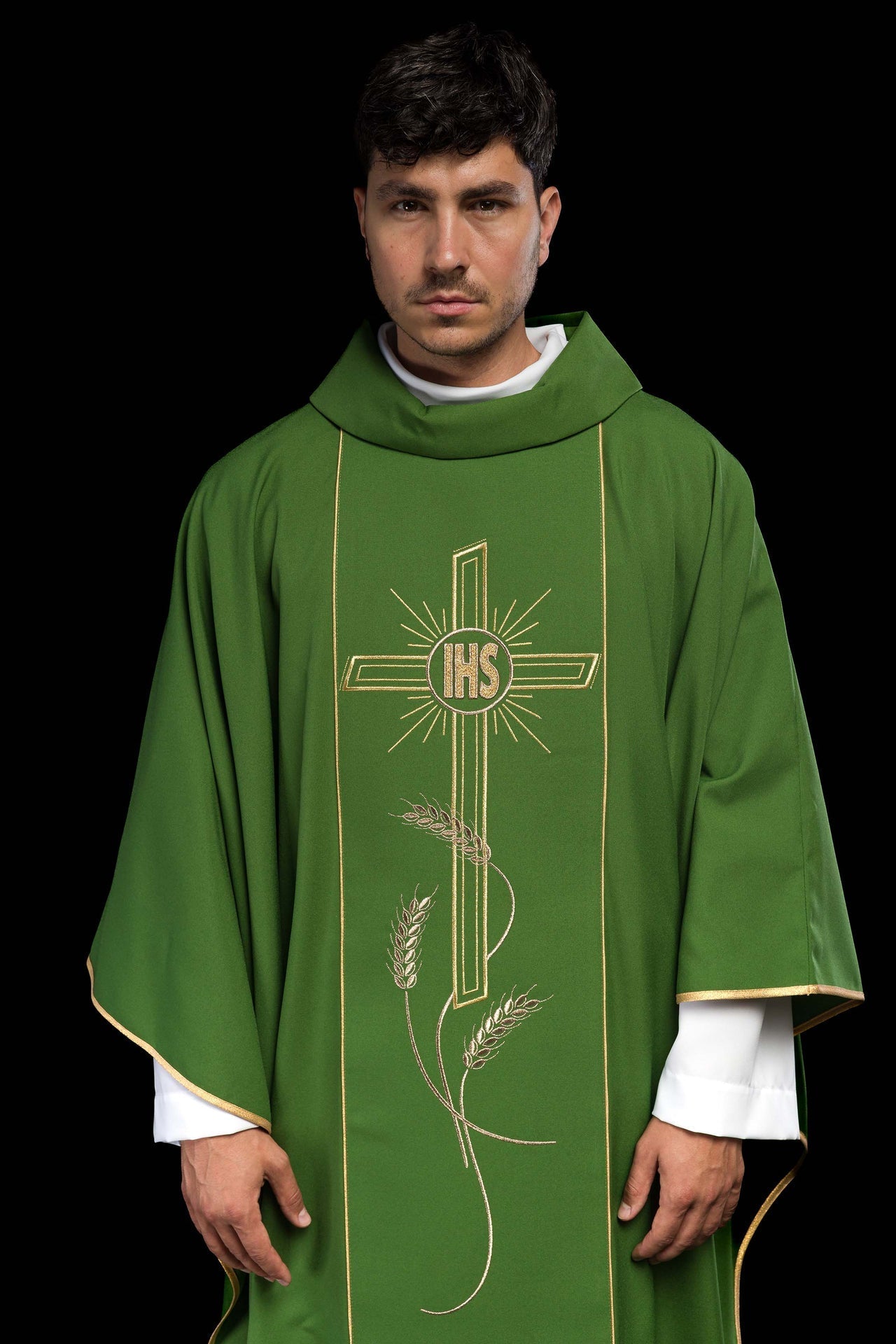 Ornat Liturgiczny Zielony Złoty Pas Krzyż IHS - Polski Producent - SZATYLITURGICZNE.PL
