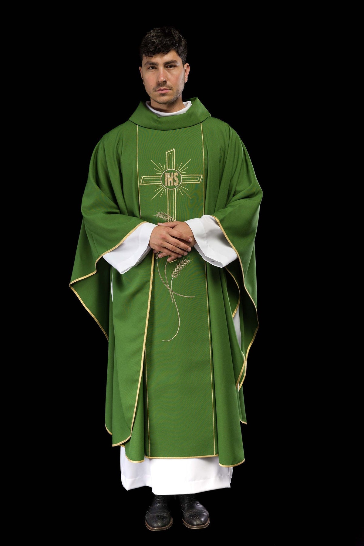 Ornat Liturgiczny Zielony Złoty Pas Krzyż IHS - Polski Producent - SZATYLITURGICZNE.PL
