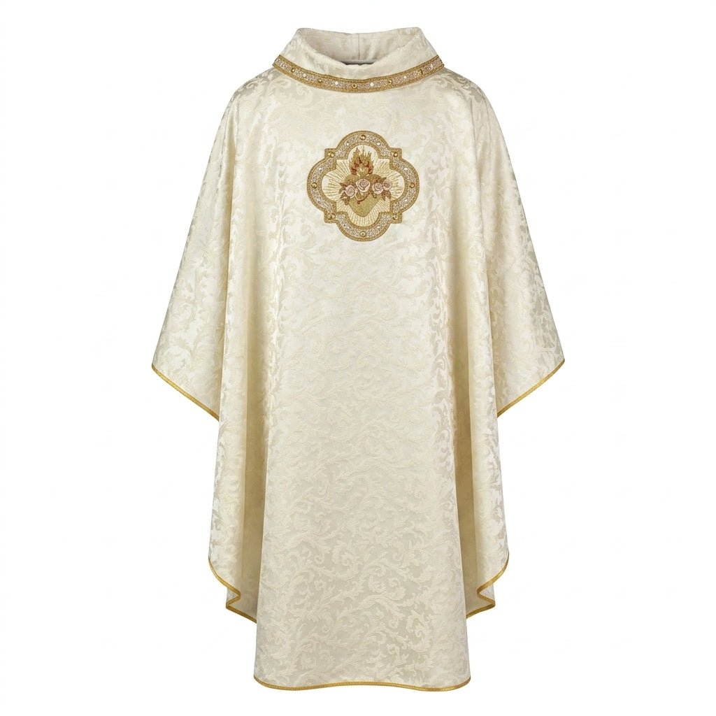 Ornat Maryjny Ecru z Haftem Serca Maryi na Żakardzie - SZATYLITURGICZNE.PL