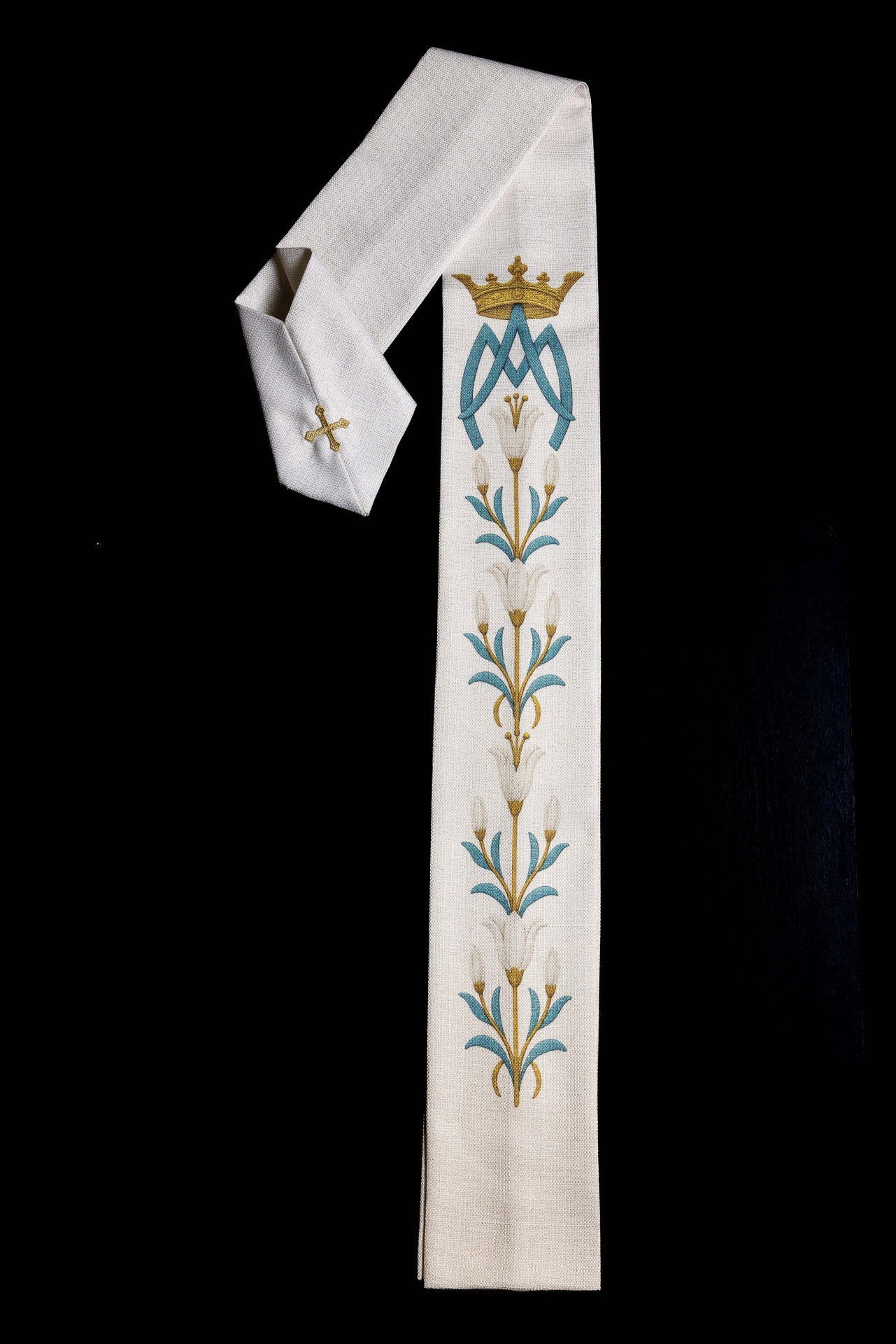 Ornat Maryjny Kremowy Lilie Monogram AM - Druk Gotycki - SZATYLITURGICZNE.PL