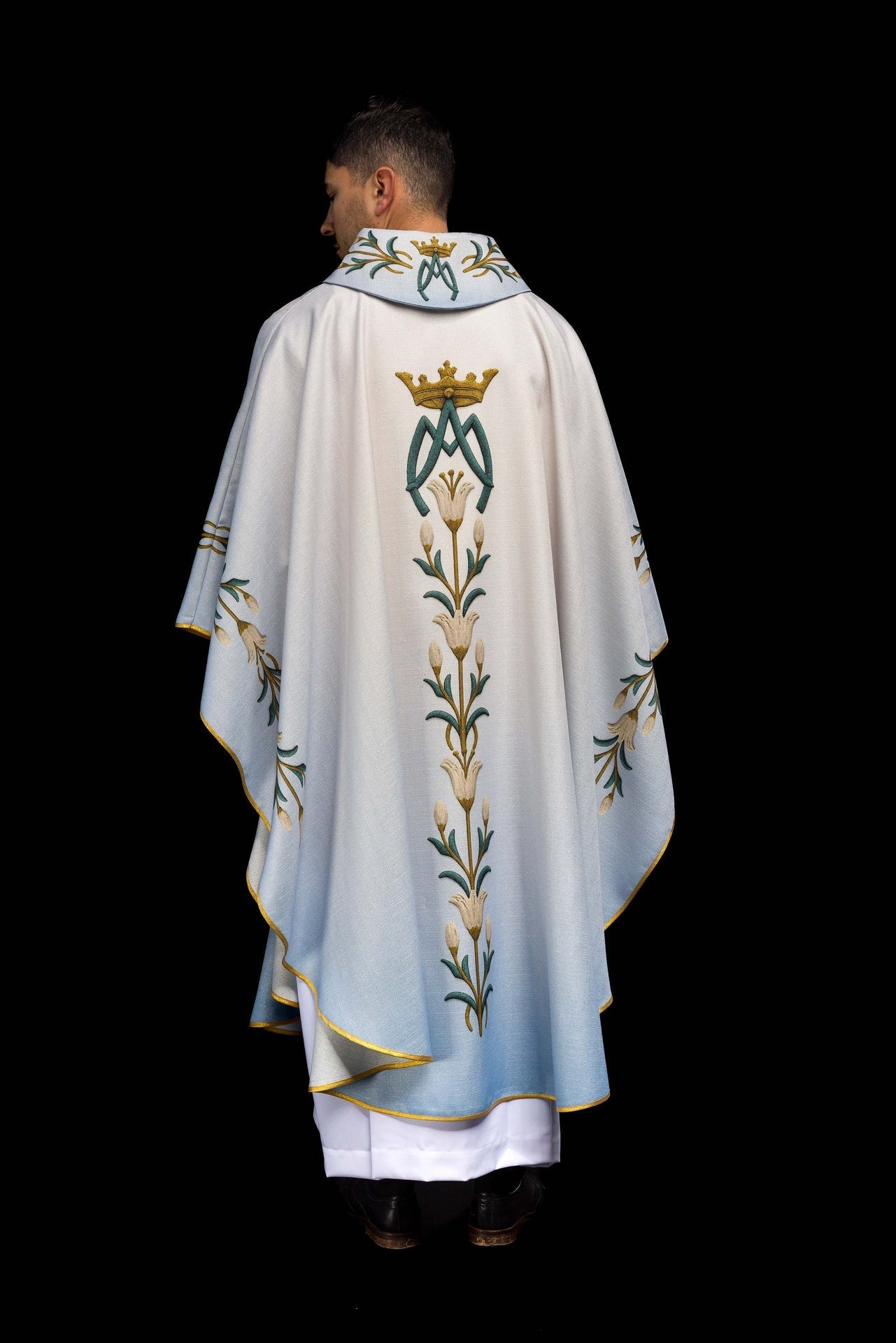 Ornat Maryjny Niebiesko - Ecru Lilie i Monogram - Druk Wysokiej Jakości - SZATYLITURGICZNE.PL