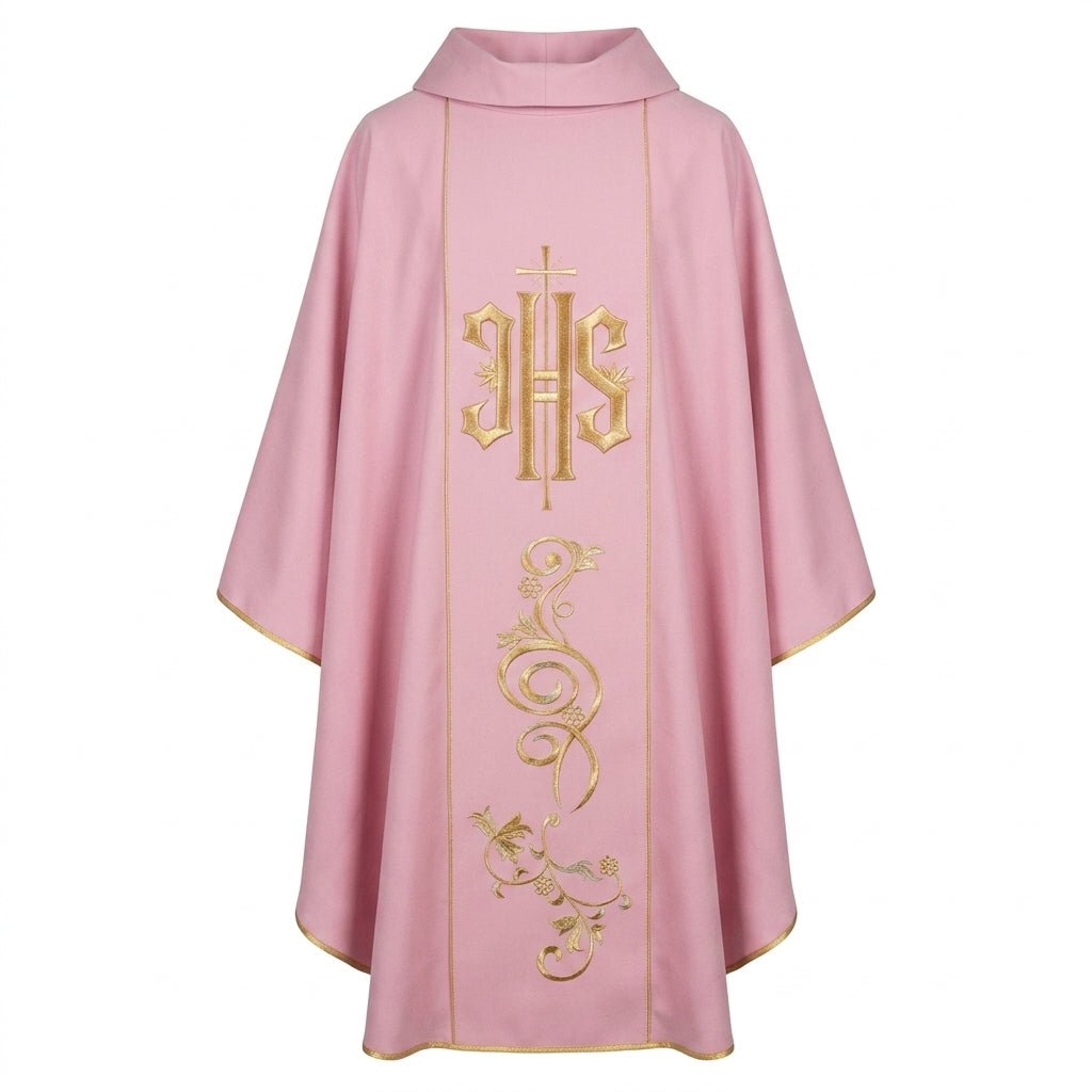 Ornat Różowy IHS - Złoty Haft Eucharystyczny, Elanowełna - SZATYLITURGICZNE.PL