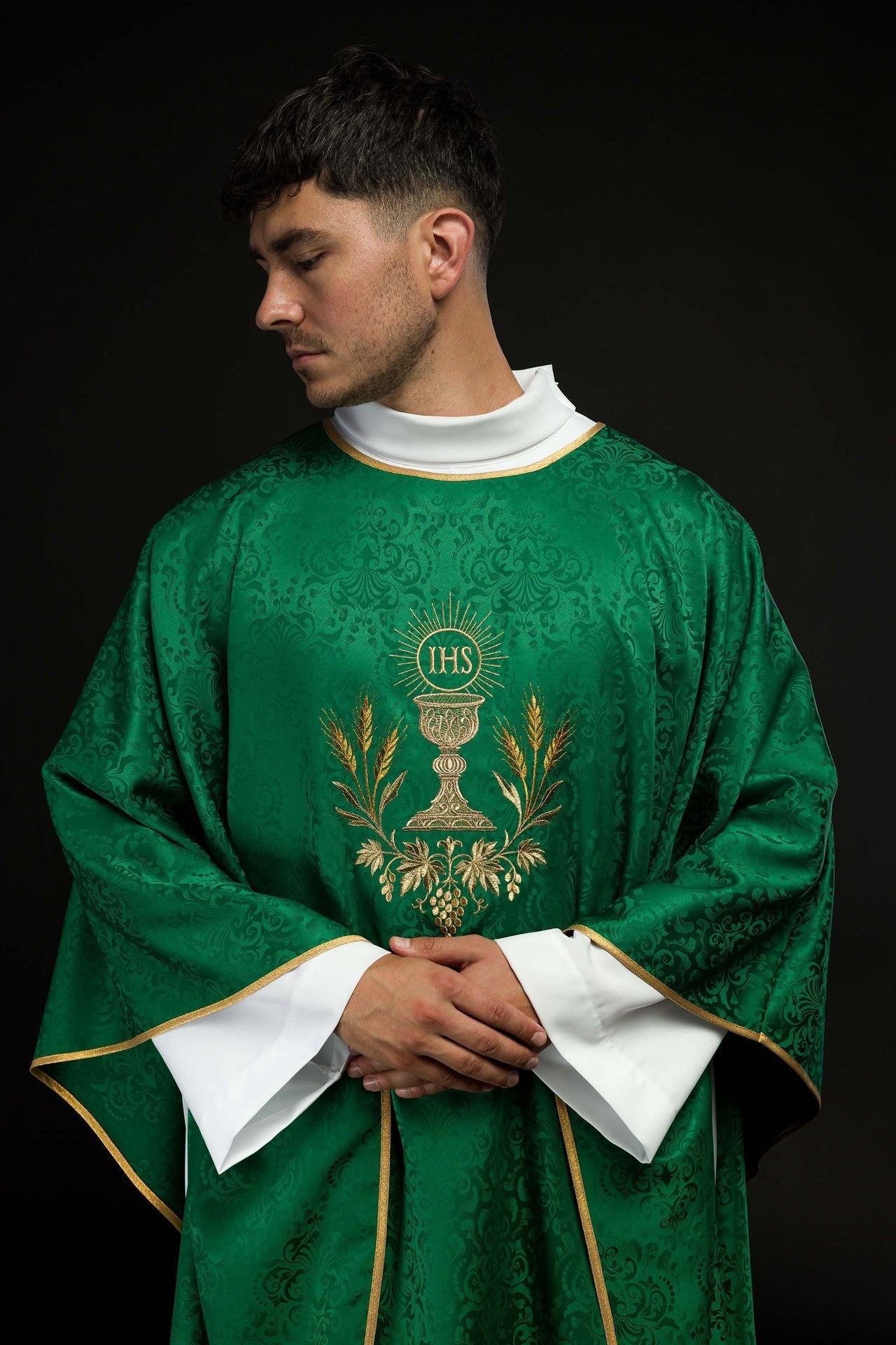 Ornat Zielony z Haftem Kielicha i Hostii Żakardowy - Liturgiczny - SZATYLITURGICZNE.PL
