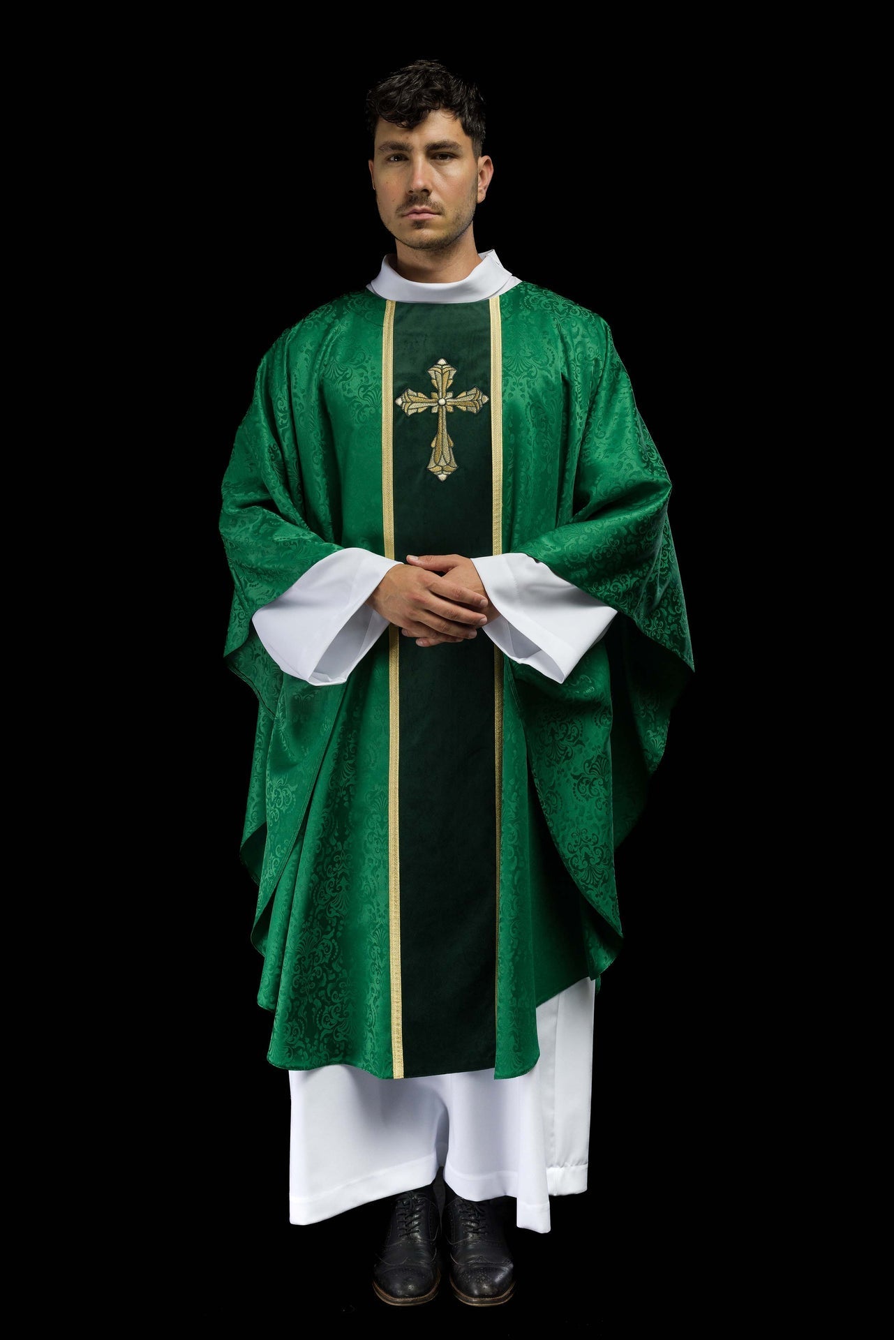 Ornat Zielony z Haftem Krzyża na Żakardzie - Szaty Liturgiczne - SZATYLITURGICZNE.PL